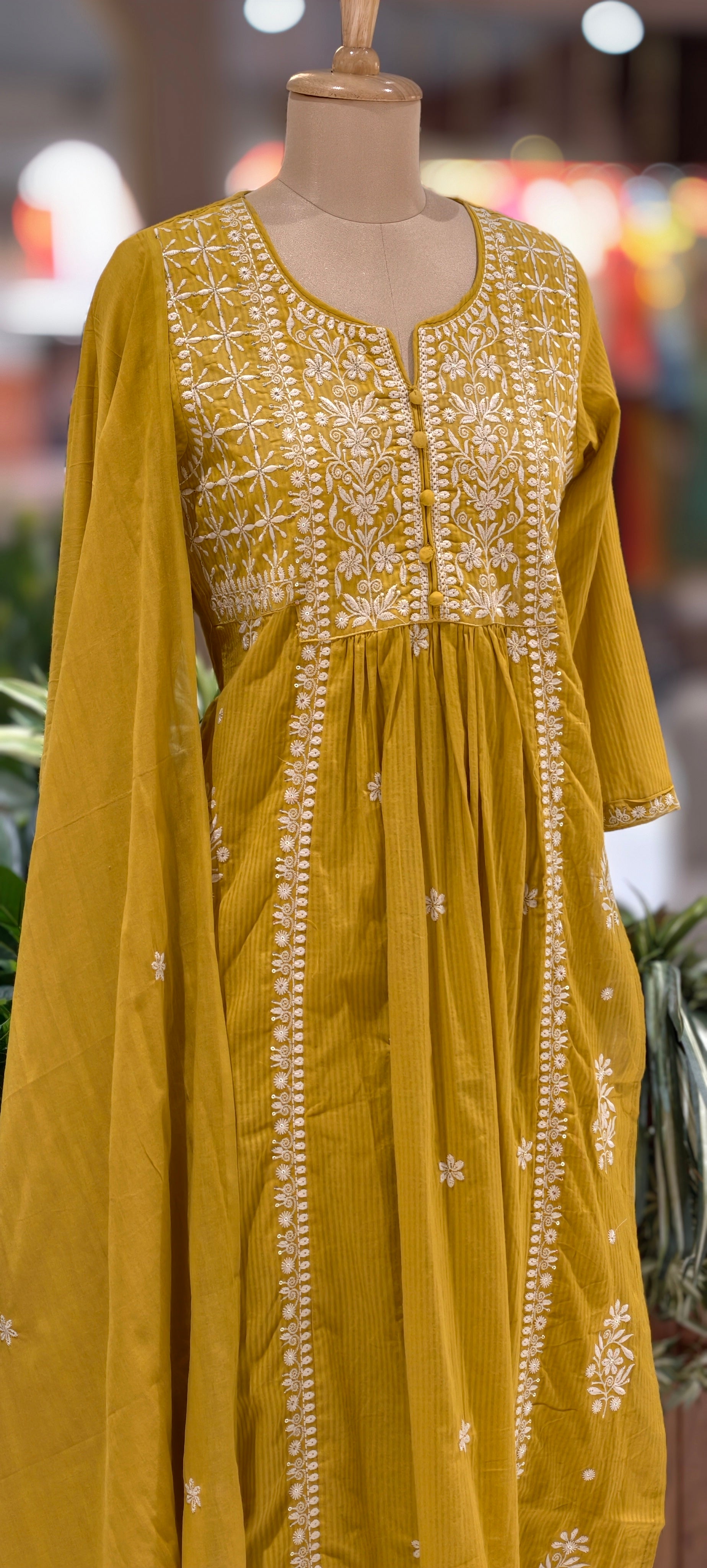 Chikankari Style Thread Embroidered Aline Kurta Set with Pants & Dupatta