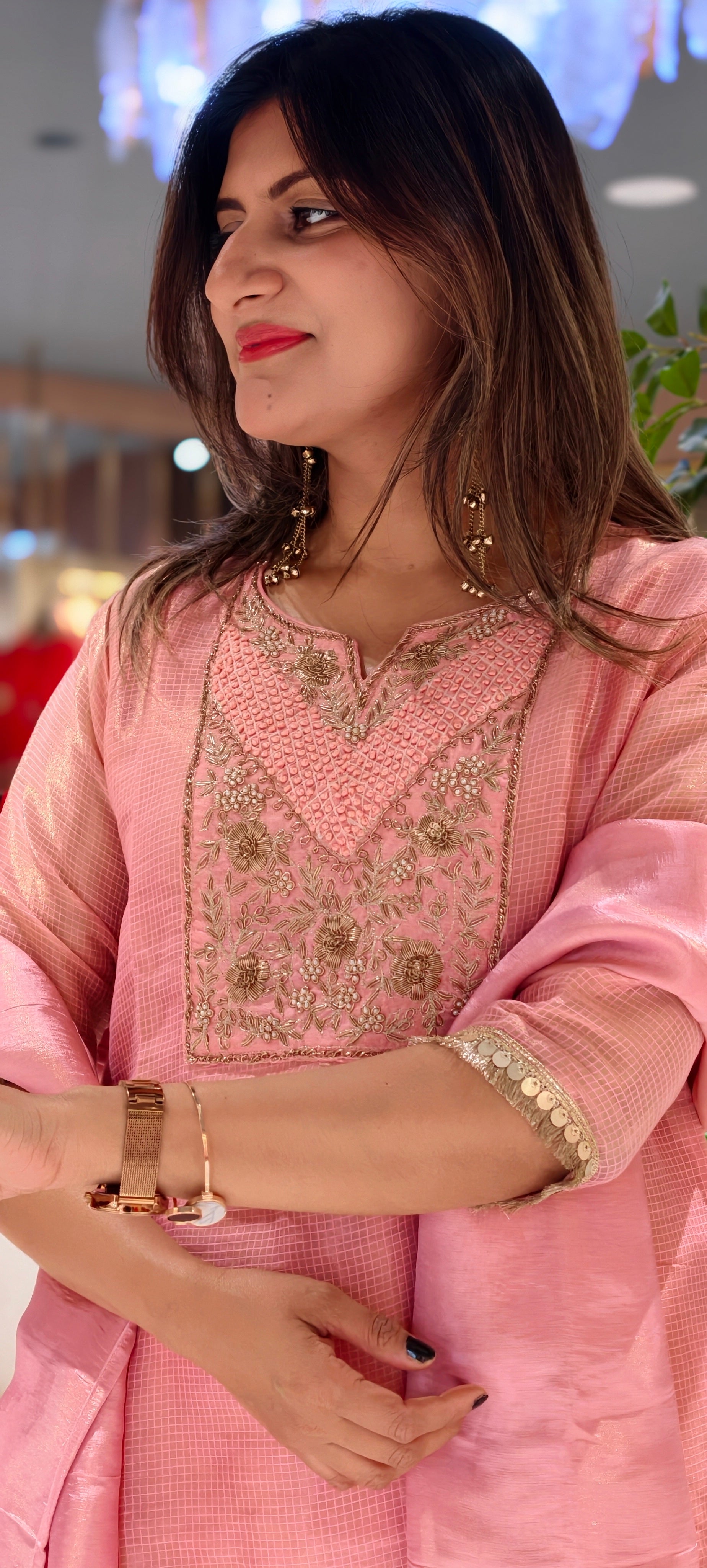 Blush Kota Tissue Checks Elegant Yoek Embroidery Staright Full Suit Set With Dupatta- 16244