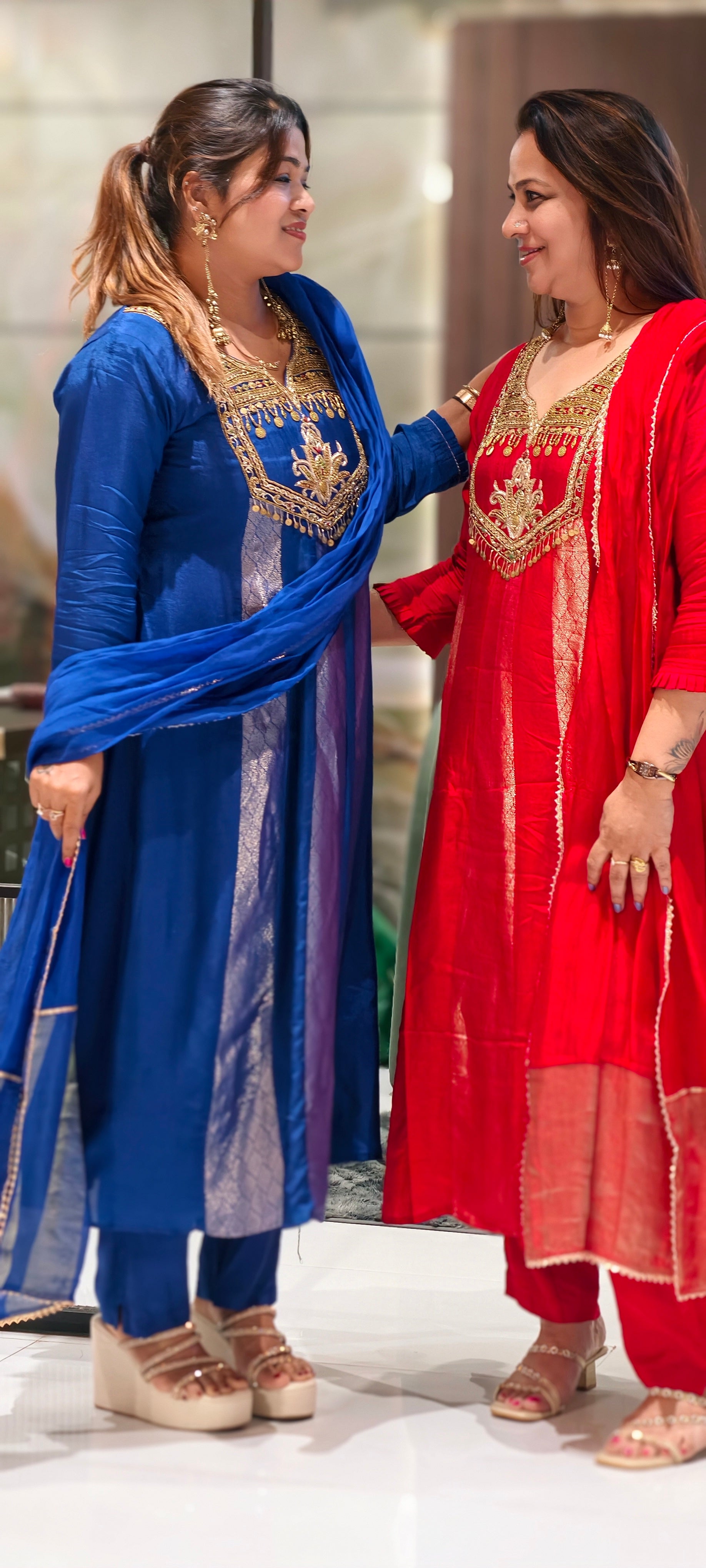 Scarlet Grand Regal Gold Embroidered Festive Ensemble Brocade Panels Russian Silk Anarkali Full Suit Set With Dupatta- 15811