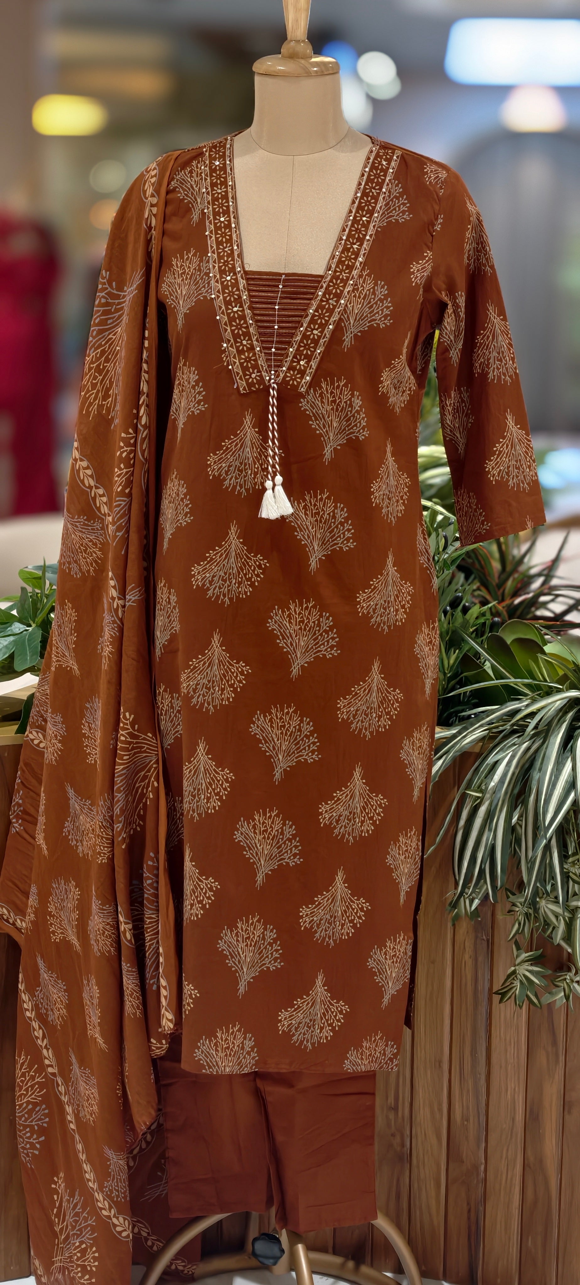 Cotton Elegant Hand block Print Kurta Set with Intricate Border Detailing & Tassel Tie-Up Neck Full Suit Set