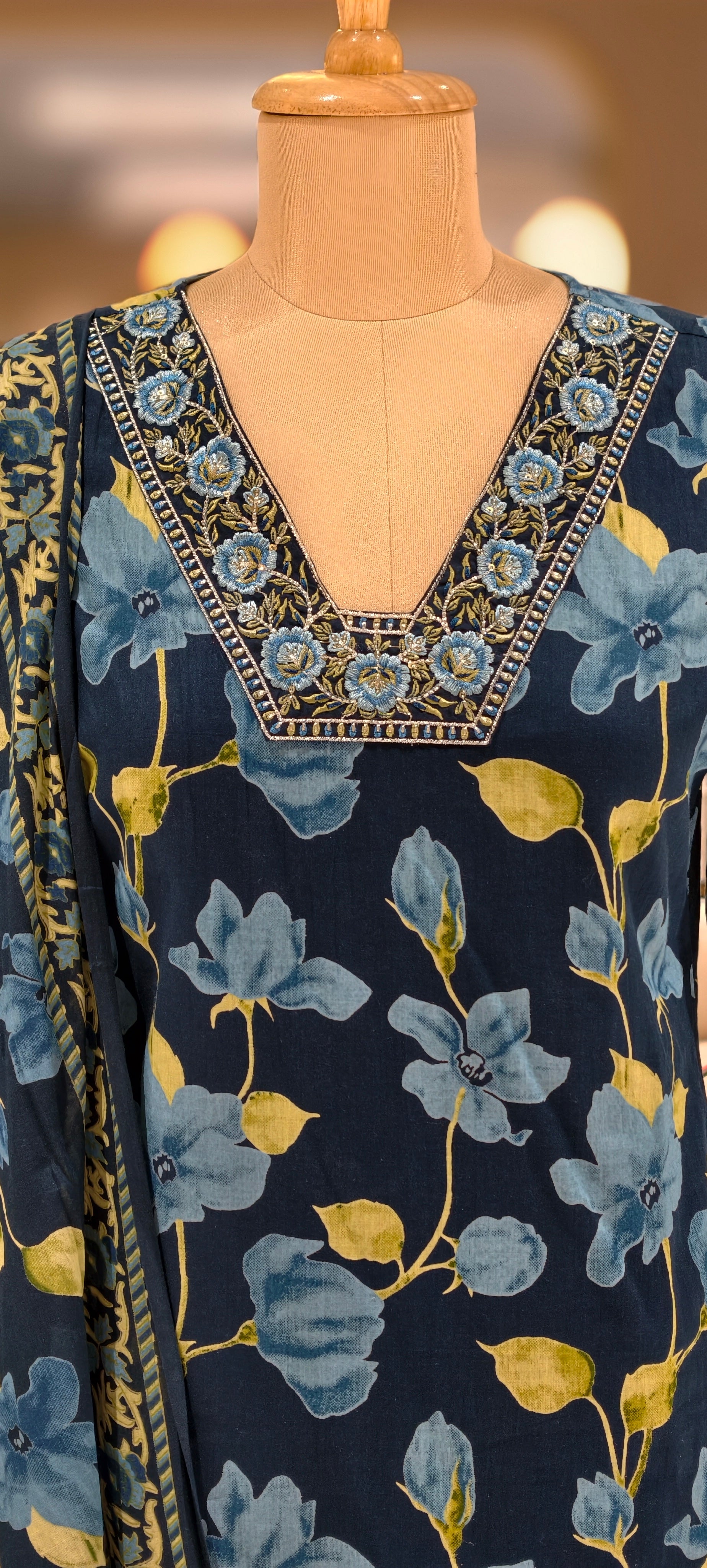 Elegant Cotton Midnight Blue Floral Printed Kurti with Intricate Thread Embroidered V-Neckline Full Set