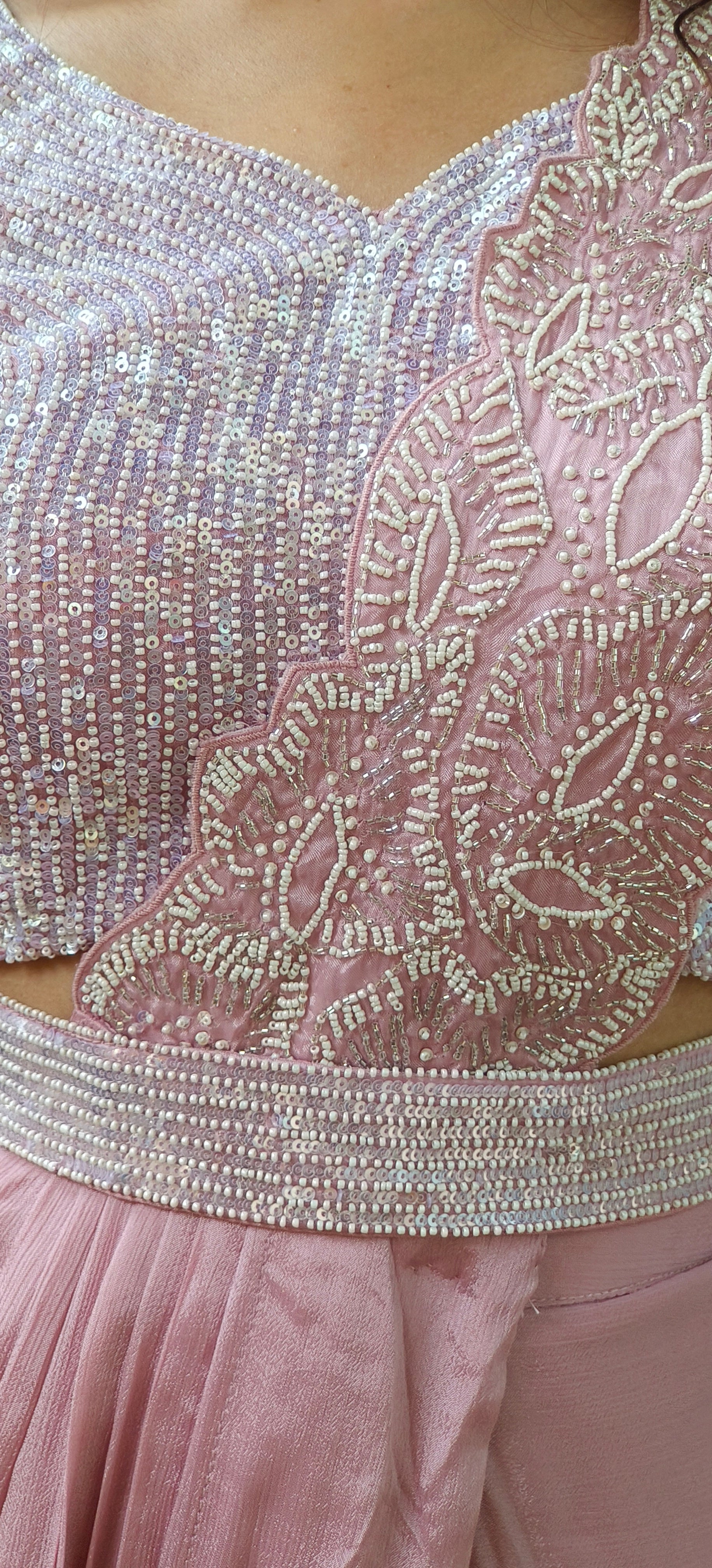 Designer Pearl Heavy Drape Saree in Chinon Fabric with Stiched Padded Blouse and Belt 09092