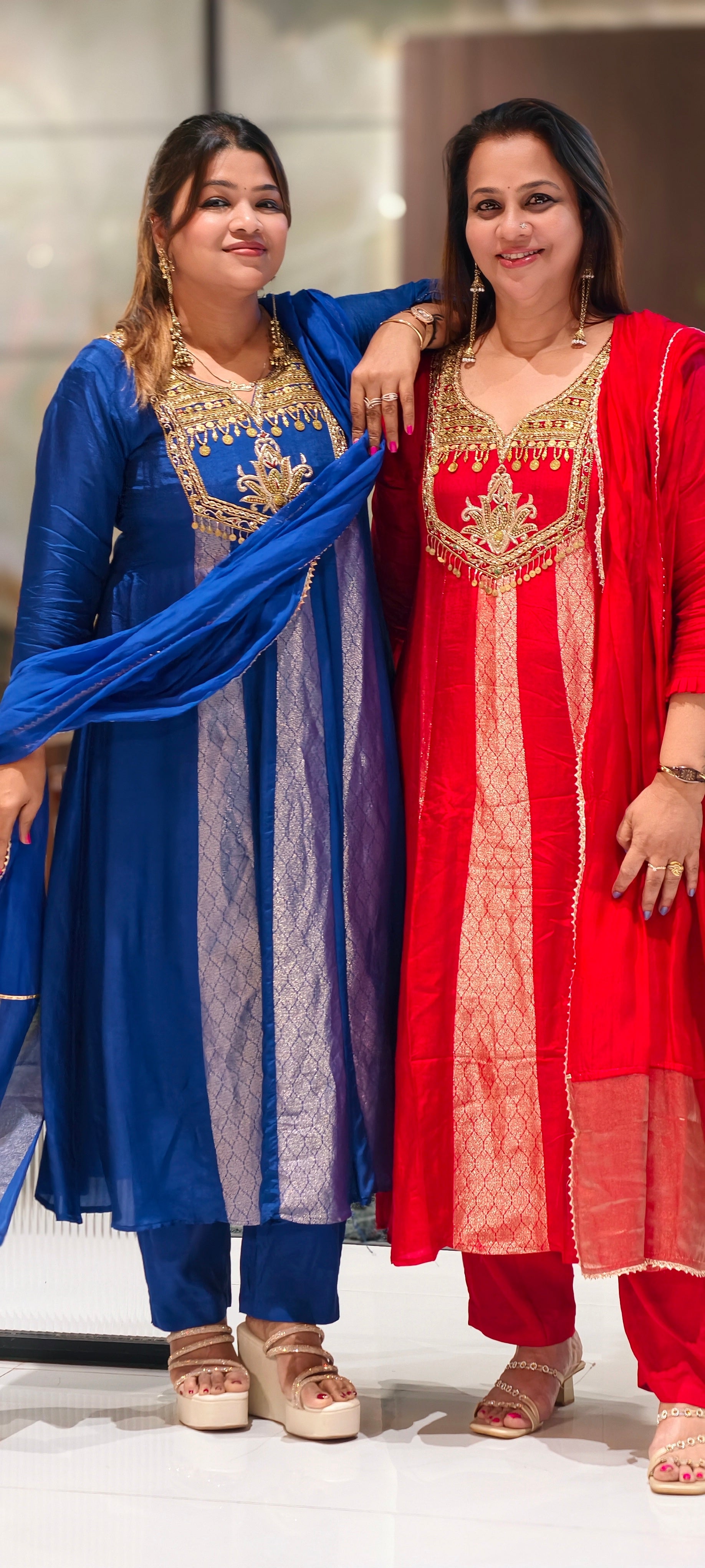 Scarlet Grand Regal Gold Embroidered Festive Ensemble Brocade Panels Russian Silk Anarkali Full Suit Set With Dupatta- 15811