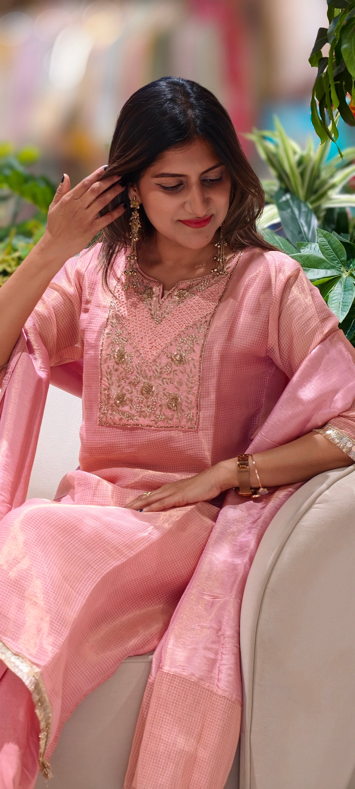 Blush Kota Tissue Checks Elegant Yoek Embroidery Staright Full Suit Set With Dupatta- 16244