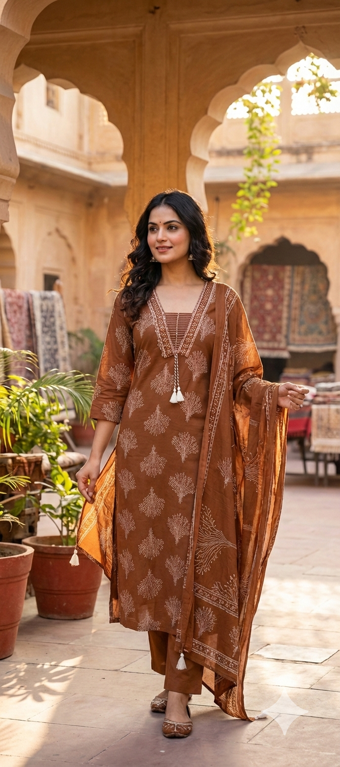 Cotton Elegant Hand block Print Kurta Set with Intricate Border Detailing & Tassel Tie-Up Neck Full Suit Set