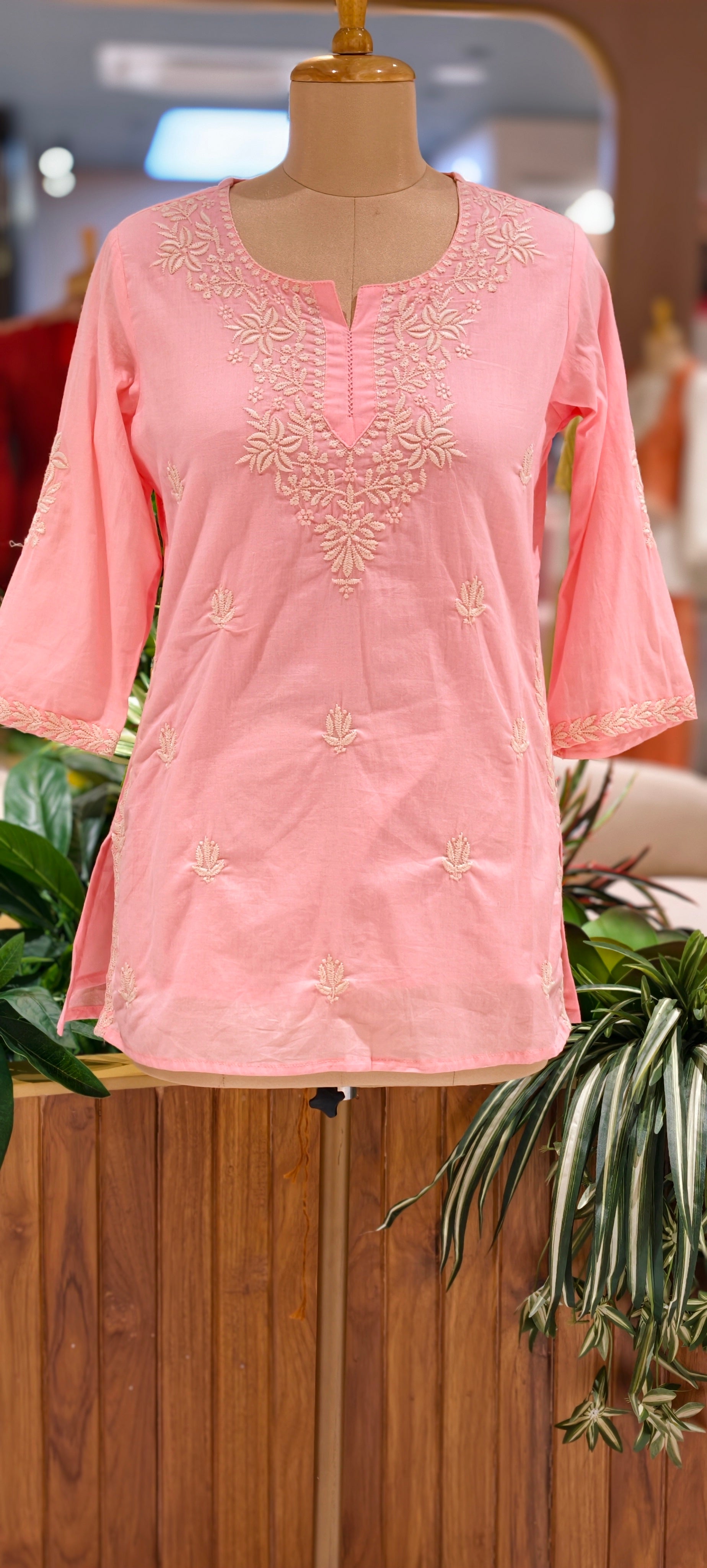 Floral Embroidered Round Neck Mul Cotton Short Kurti Top-13945 RB309