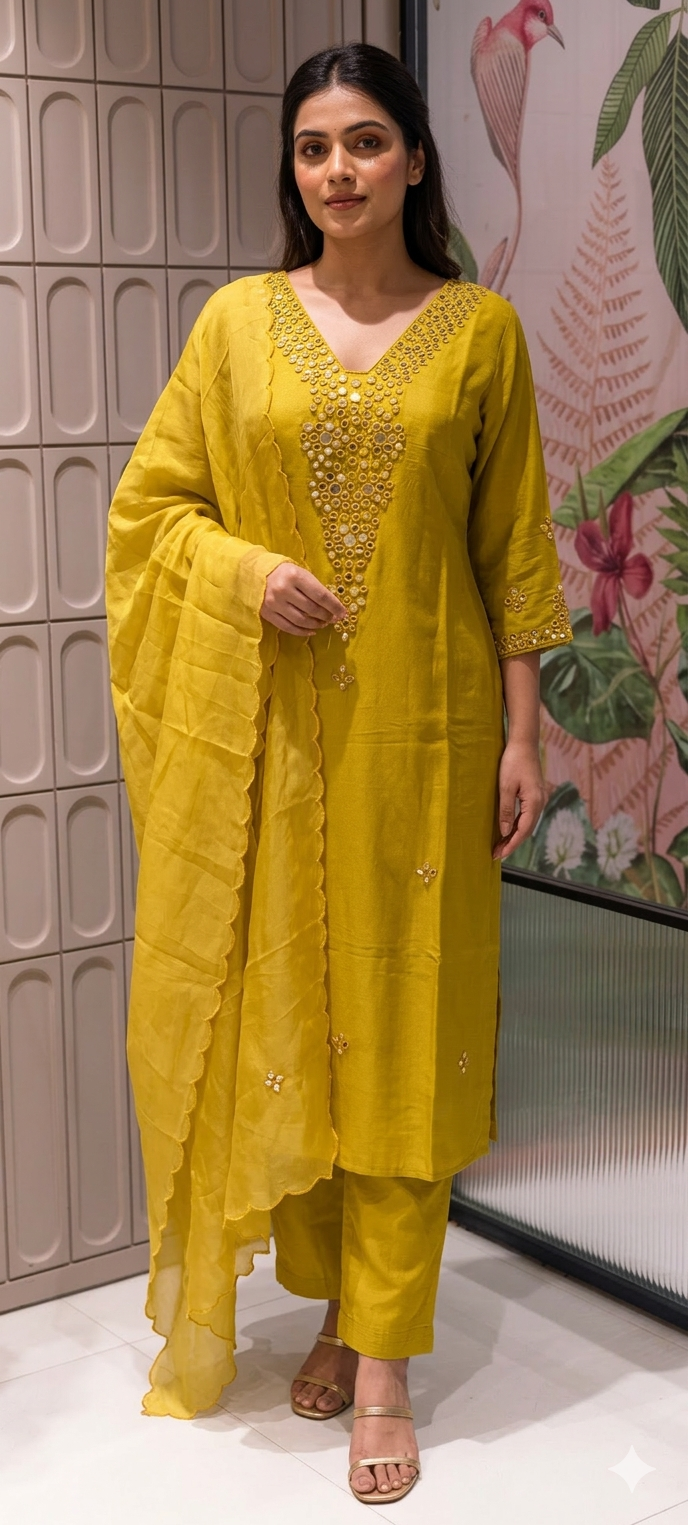 Royal Solid Shade Dola Silk Mirror Embroidered Aline Full Suit Set 13807