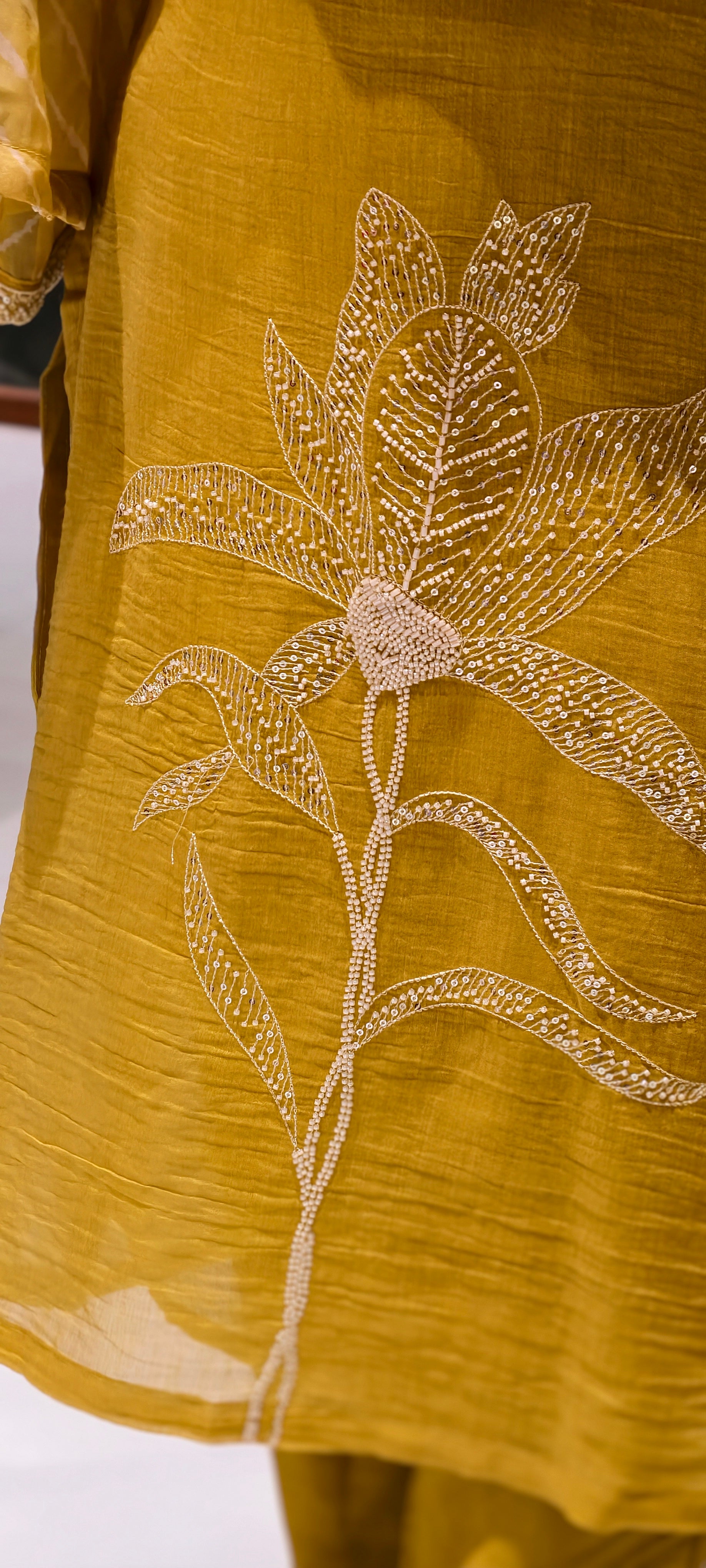 Mustard Yellow Floral Embroidered Kurta Pant Set with Striped Organza Dupatta Fabric Pure Banarasi Mulchanderi -13790