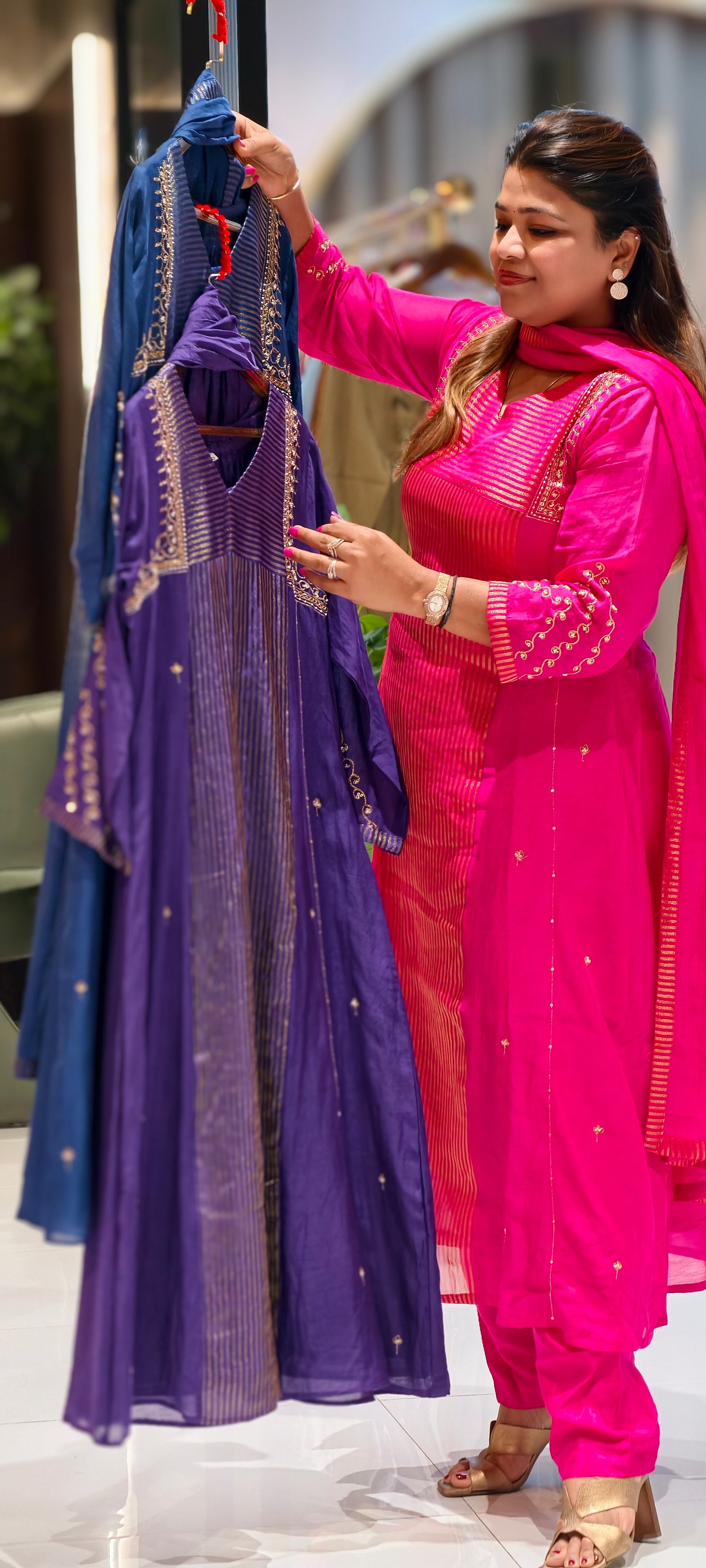 Banarasi Mul Chanderi Golden Striped Zardosi Embroidered A-Line Full Suit Set With Matching Dupatta- 15803