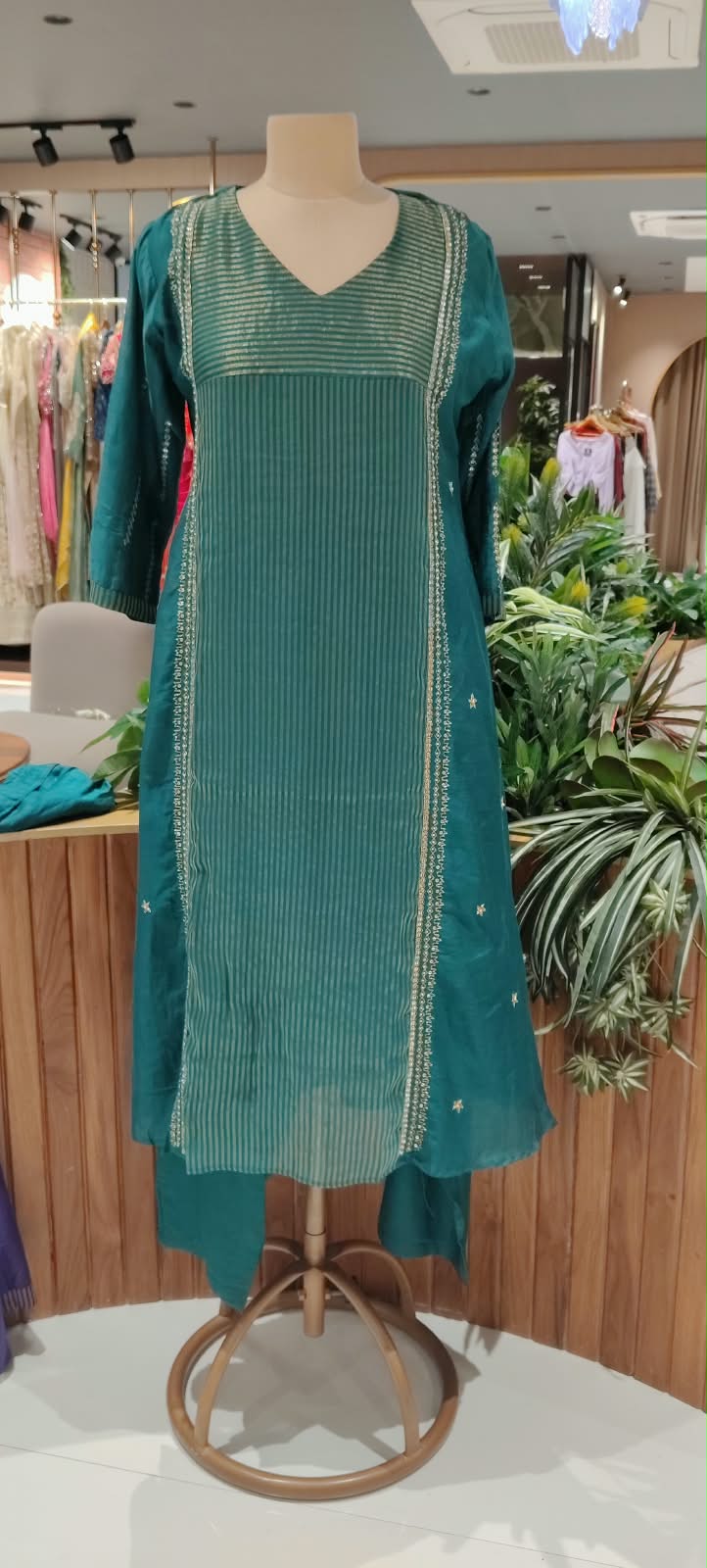 Golden Stripes Intricate Sequin Embroidery Banarasi Mul Chanderi A-Line Full Suit Set With Matching Dupatta- 16339