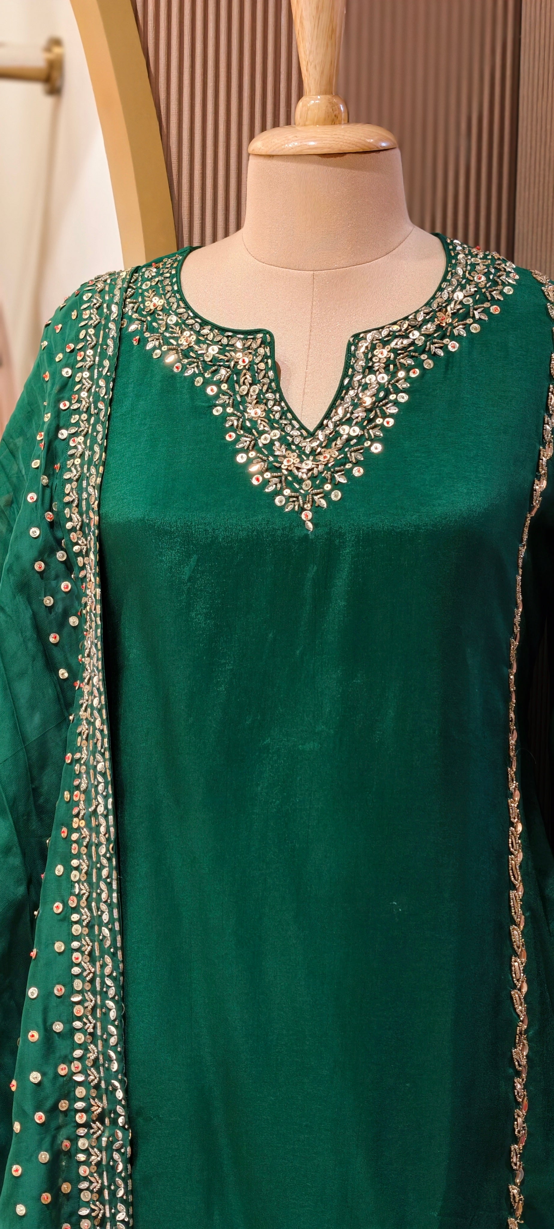 Tiny Sequin Detailing Hand Worked Contrast Mix Vibrant A-Line Full Suit Set With Dupatta In Russian Silk Fabric- 13808