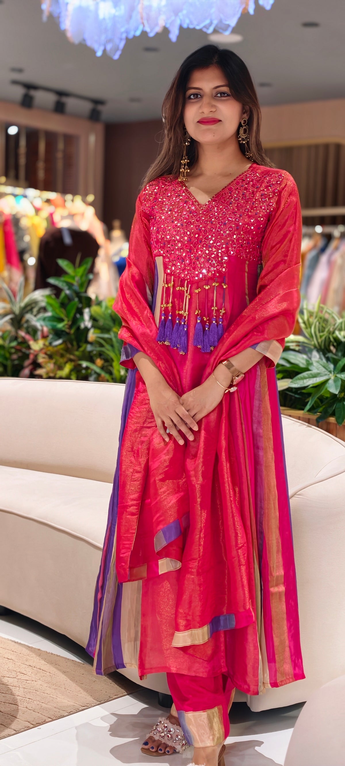 Orange Tissue Mirror Work Panel Anarkali Full Suit Set with Ghungroo Tassel Yoke Detailing & Striped Side Panels- 16231