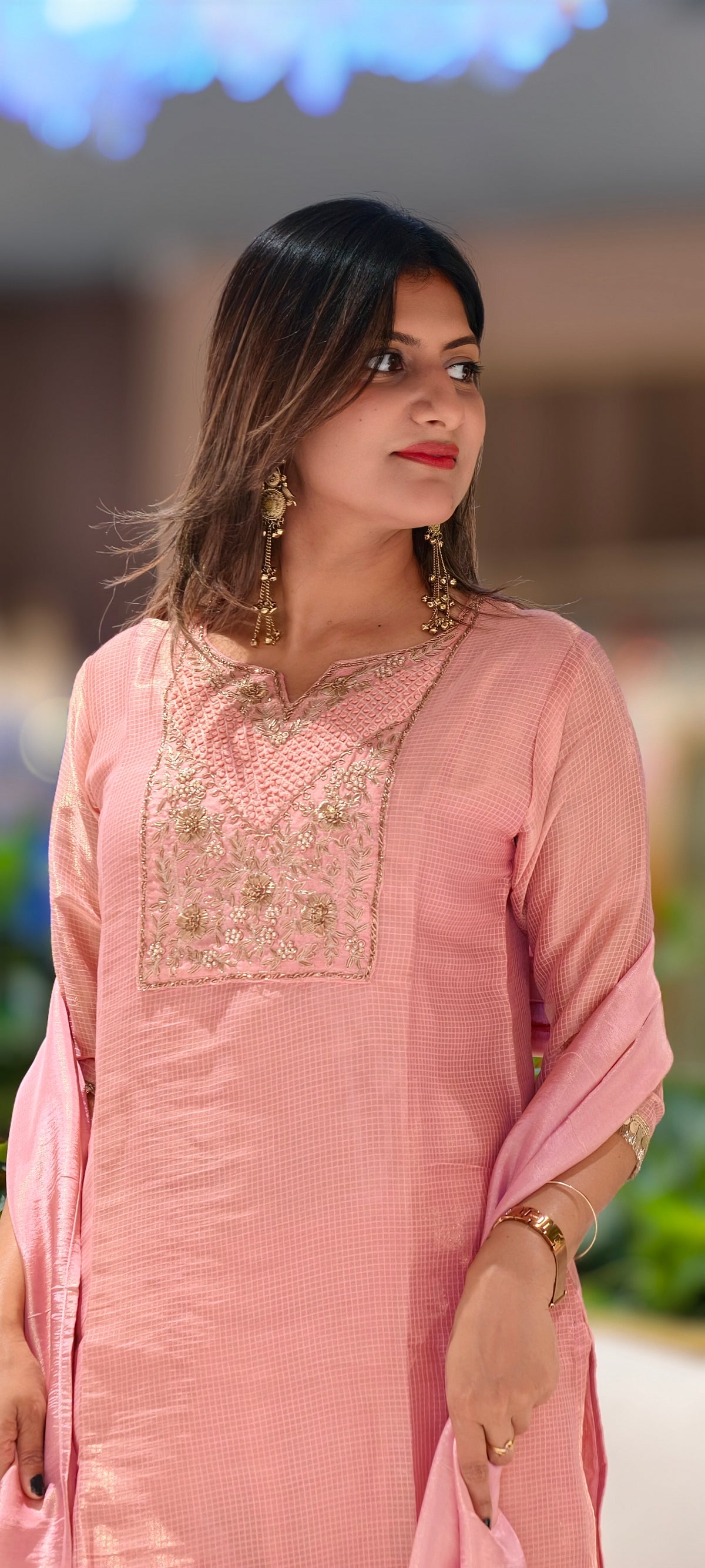 Blush Kota Tissue Checks Elegant Yoek Embroidery Staright Full Suit Set With Dupatta- 16244