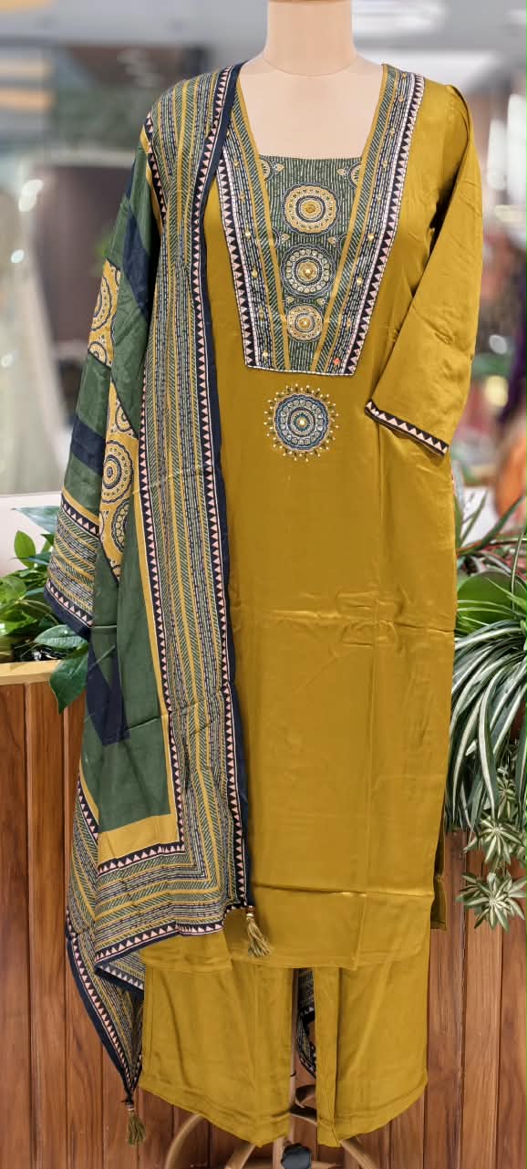 Trible Print Cotton Silk Embroidered Patch Yoke Full Suit with Pockets And Contrast Printed Muslin Dupatta 16808