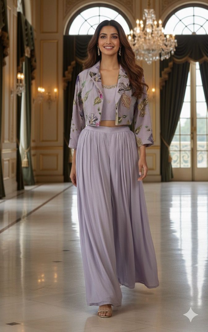 Very Stylish lilac Shade Embroidered Crop Top With Palazzo And short Jacket-12025