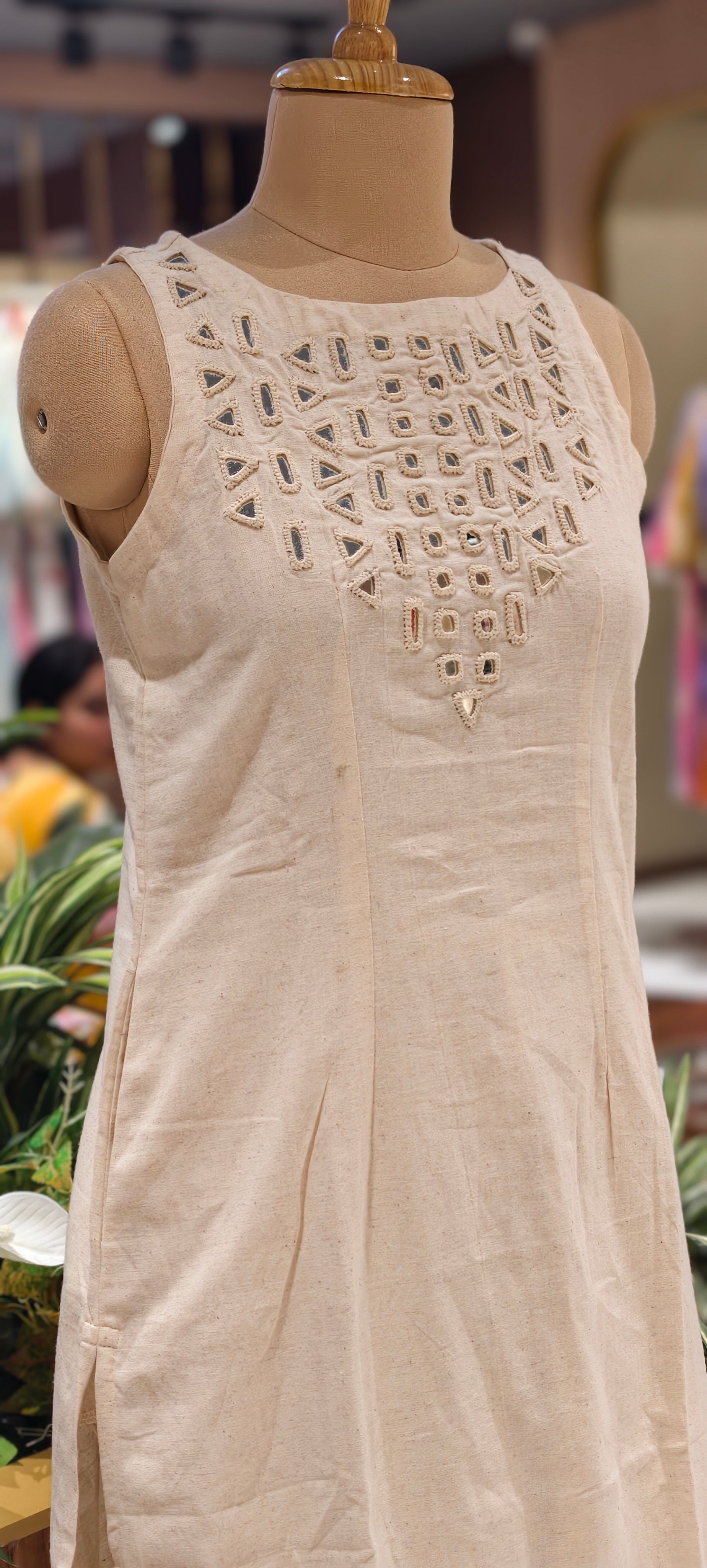 Elegant Handloom Cotton Sleeveless Kurta Set with Mirror Cutwork Neck With Loose Pants-14187 RB173
