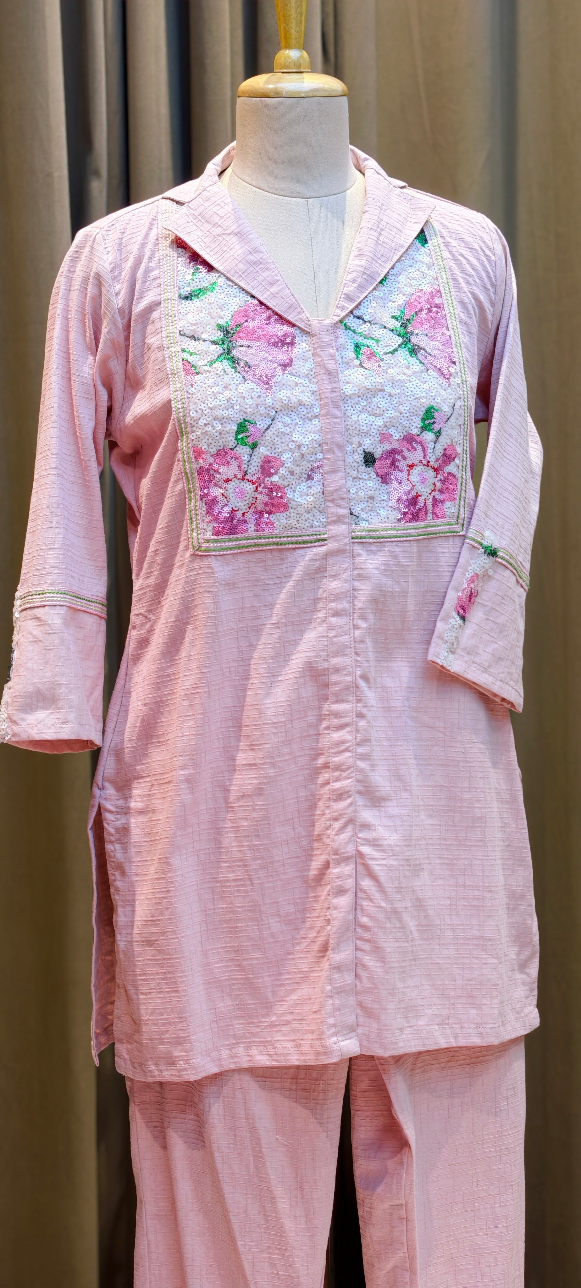 Beautiful Premium Cotton kurta pant set floral printed and embellished front panel-13932