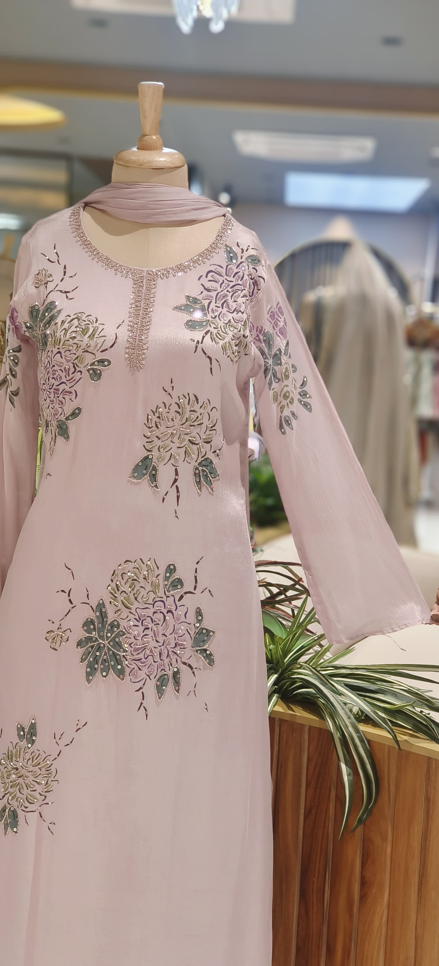 Designer Chinon Anarkali Outfit Adorned with Cut-Dana Embroidery and Coordinated Bottom–Dupatta-12727,12728