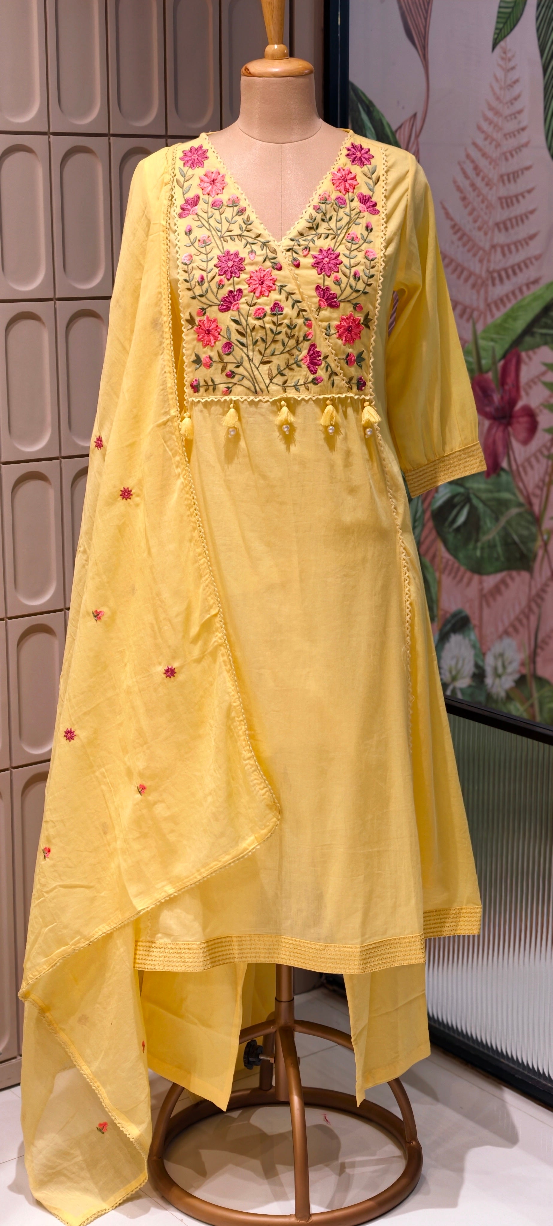 Mul Cotton A-Line Kurta Sets with Embroidered Yoke, Straight Pants and Dupatta-13881