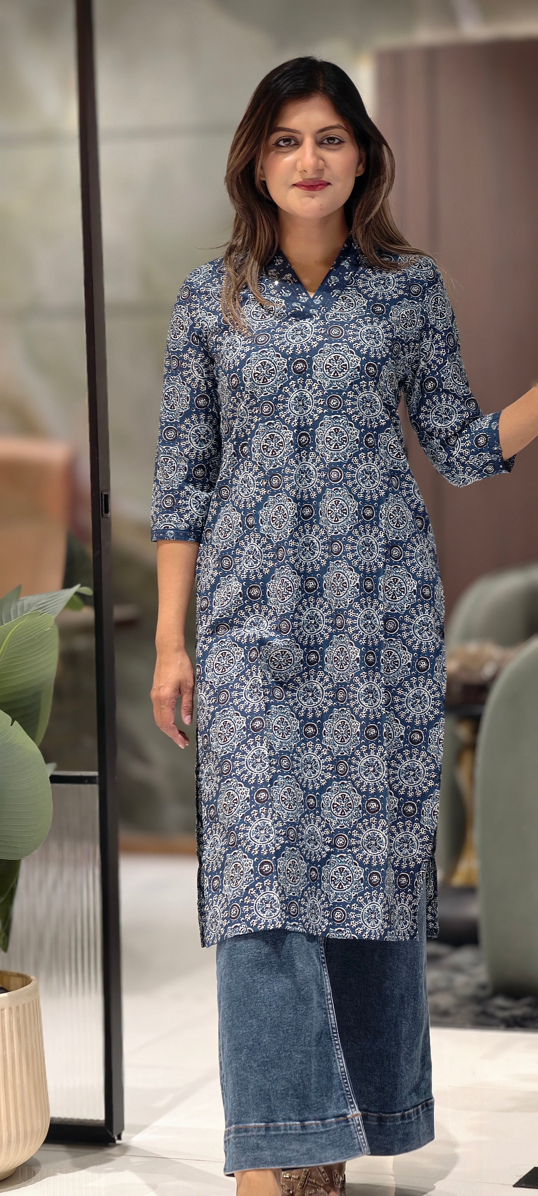 Soft Cotton Small Block Prints V-Neck Only Kurti-15875
