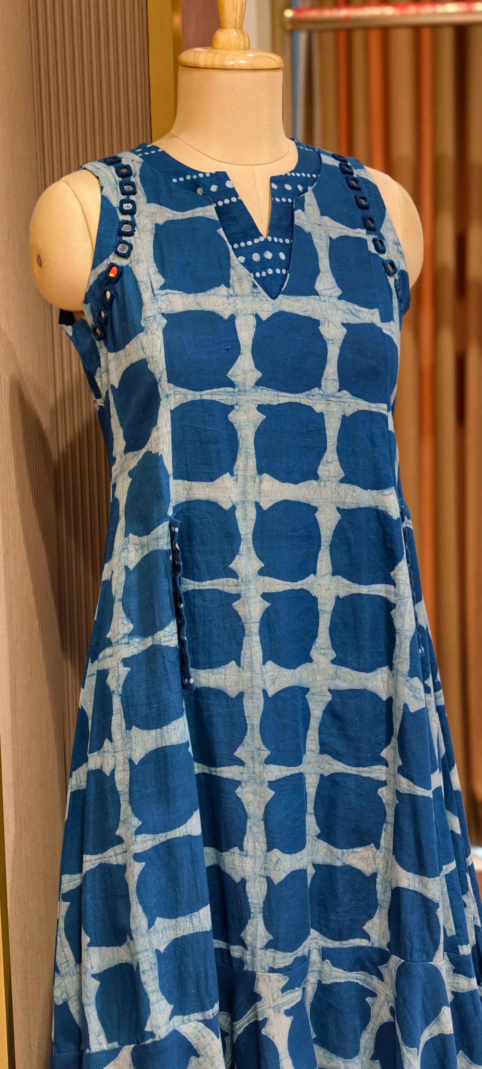 Handloom Cotton Sleeveless Frock with Shibori Print with Pockets-14183 RB174