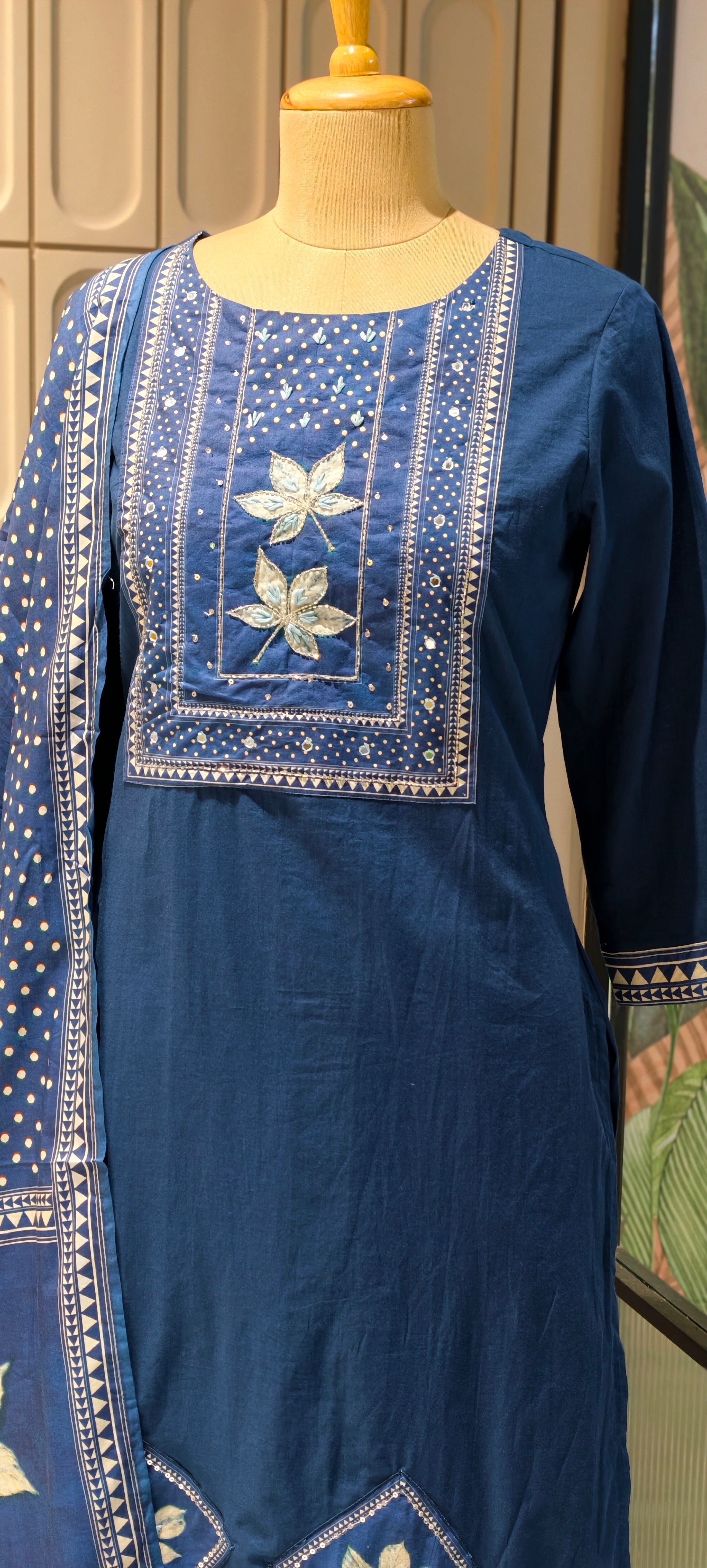 Indigo Blue Butter soft Cotton Kurta Set with Handblock Floral Motifs, Straight Pants & Printed Dupatta-13877