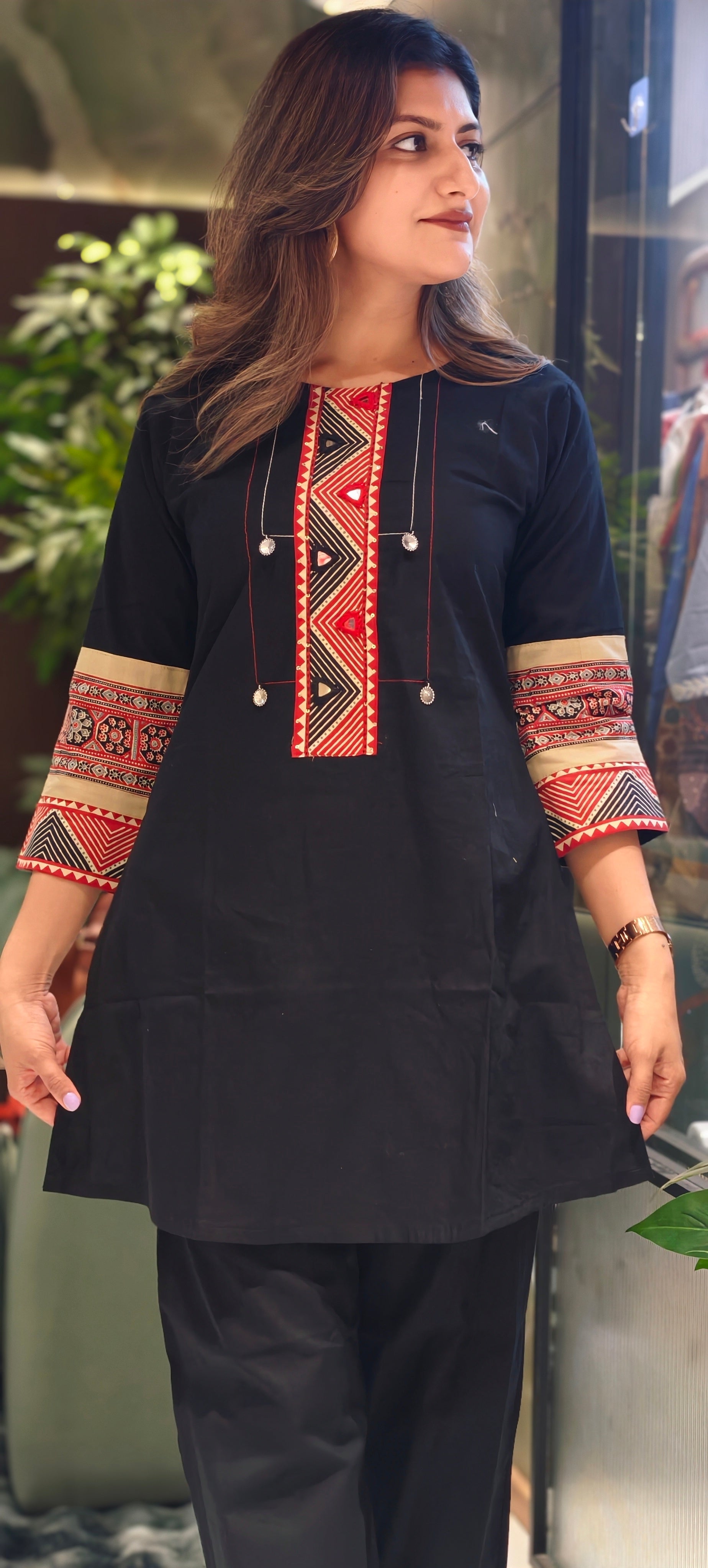 Tribal-Inspired Geometric Embroidery with Mirror Accents and Tailored Bottom-13794