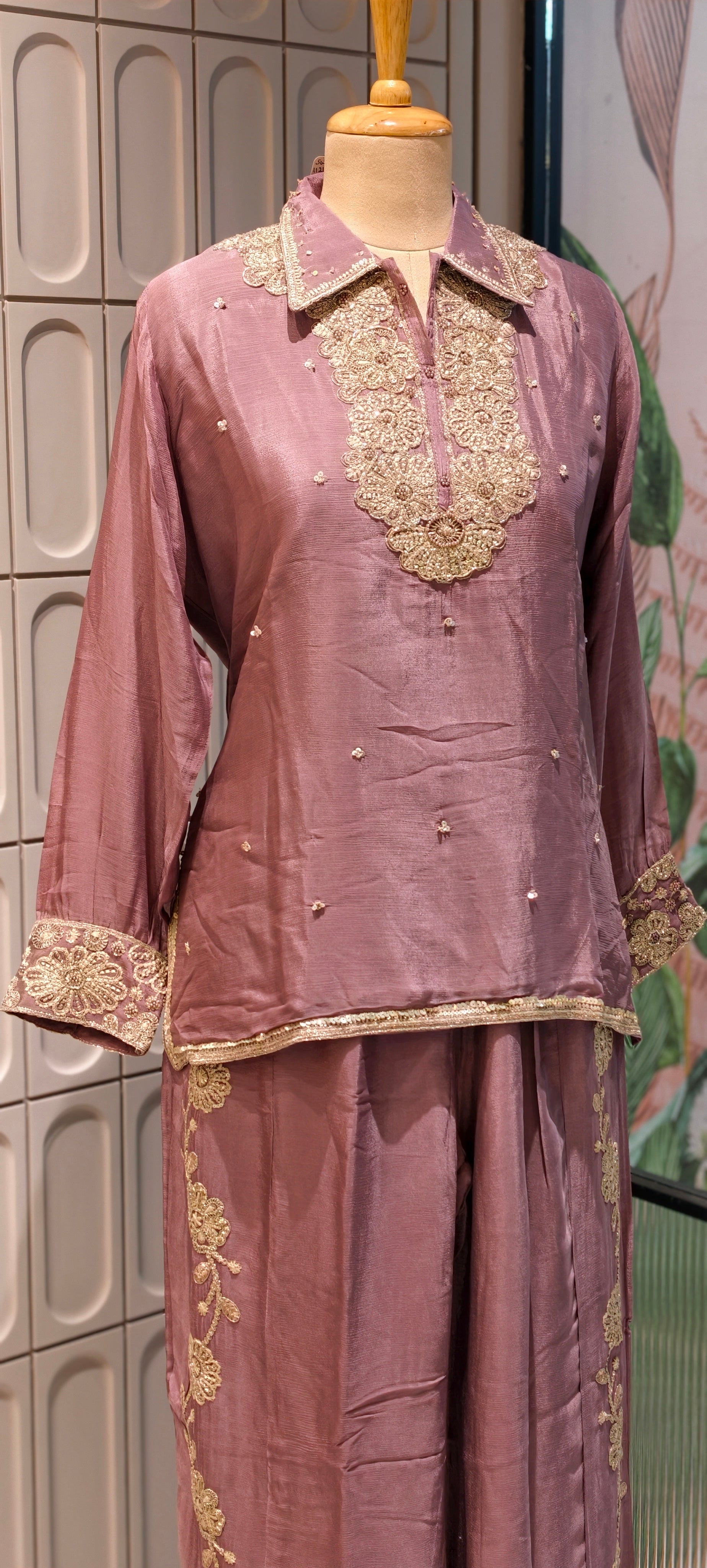 Designer Shirt Style Kurta Luxury Chinon Fabric Co-Ord Set with Intricate Embroidery 13996 RB07