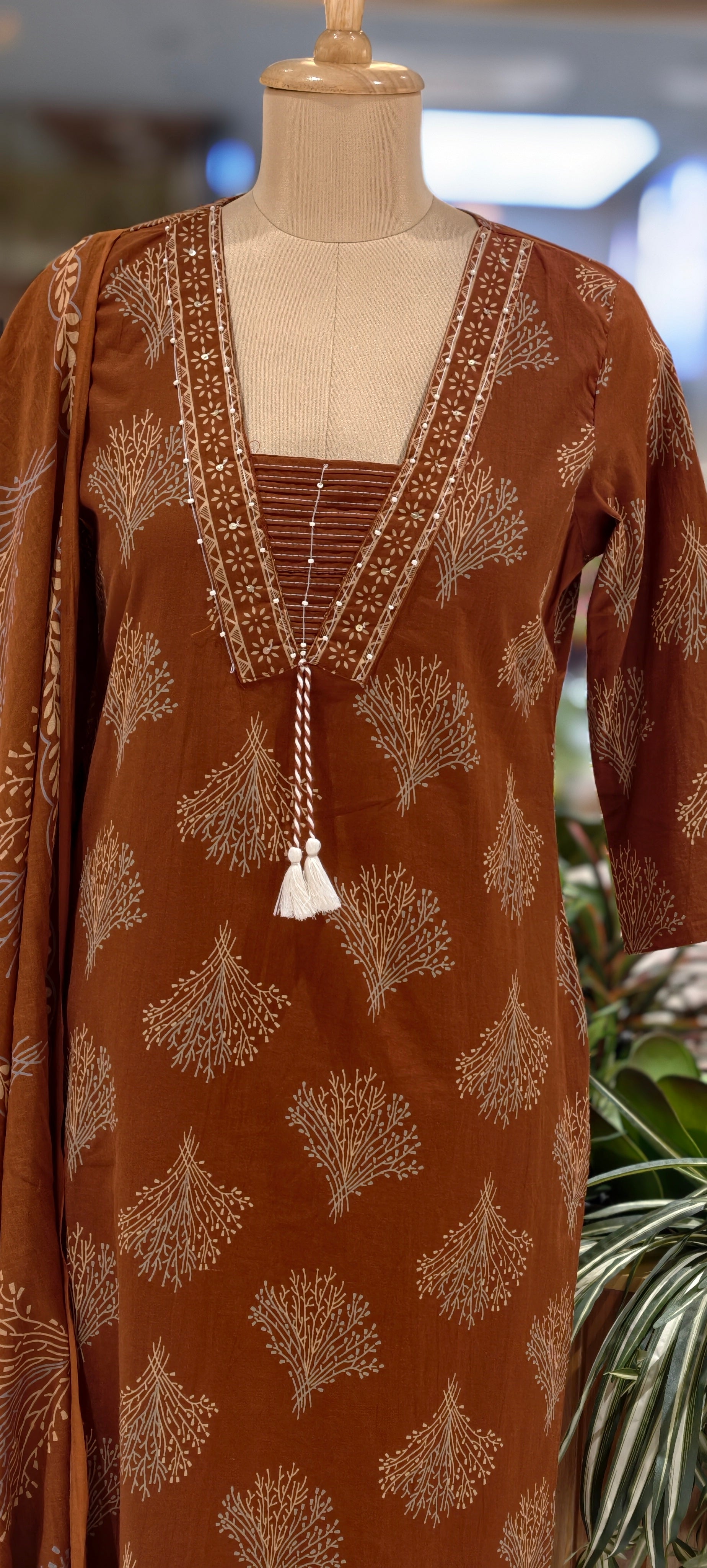 Cotton Elegant Hand block Print Kurta Set with Intricate Border Detailing & Tassel Tie-Up Neck Full Suit Set