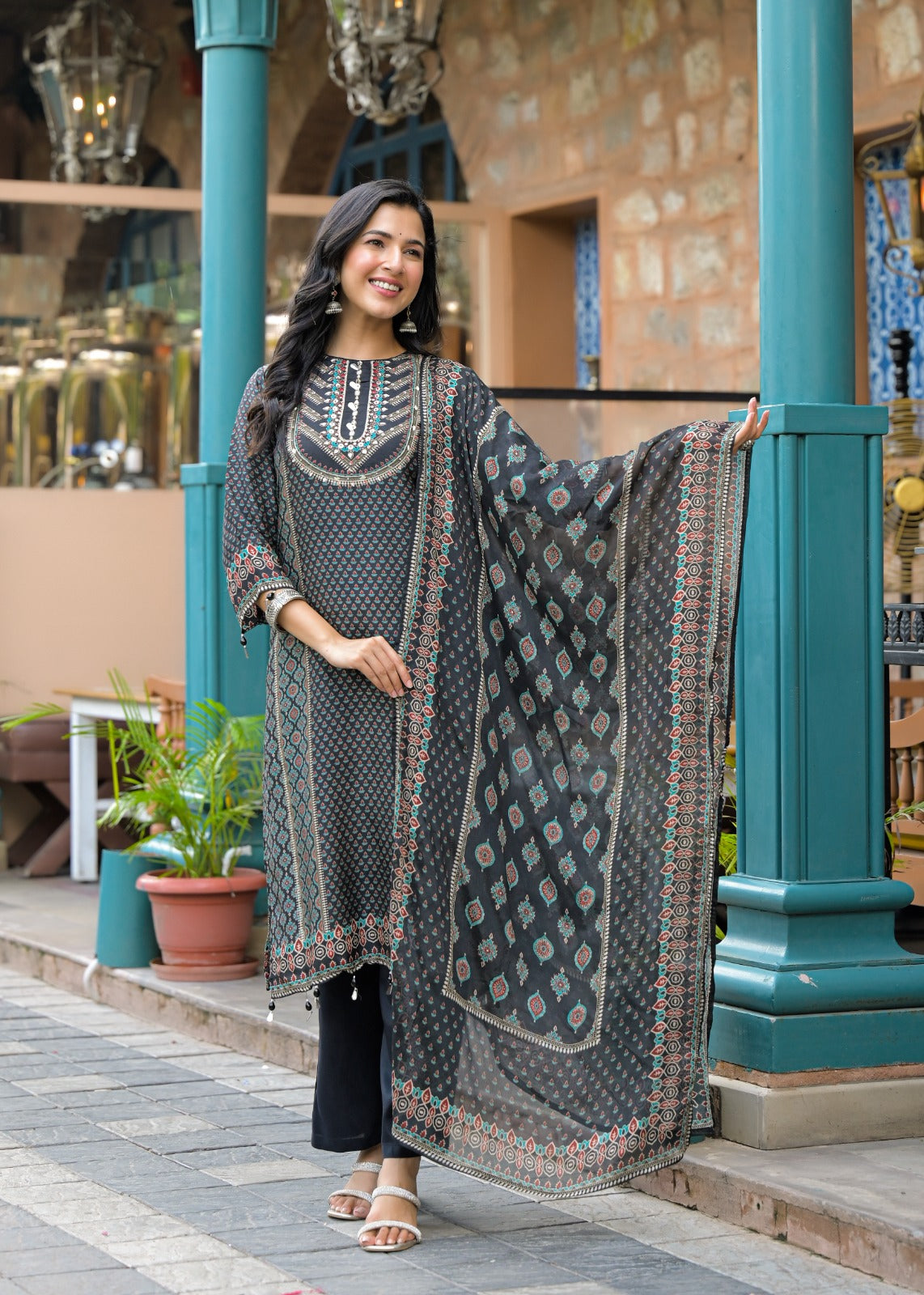 Beautiful Pure Crepe Small Prints Full suit set with chinon Dupatta