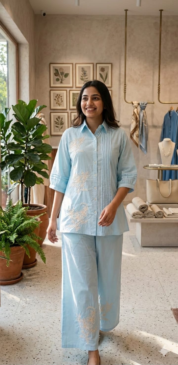 Summer Style Light shade Cotton Collar Kurta Pant-13937