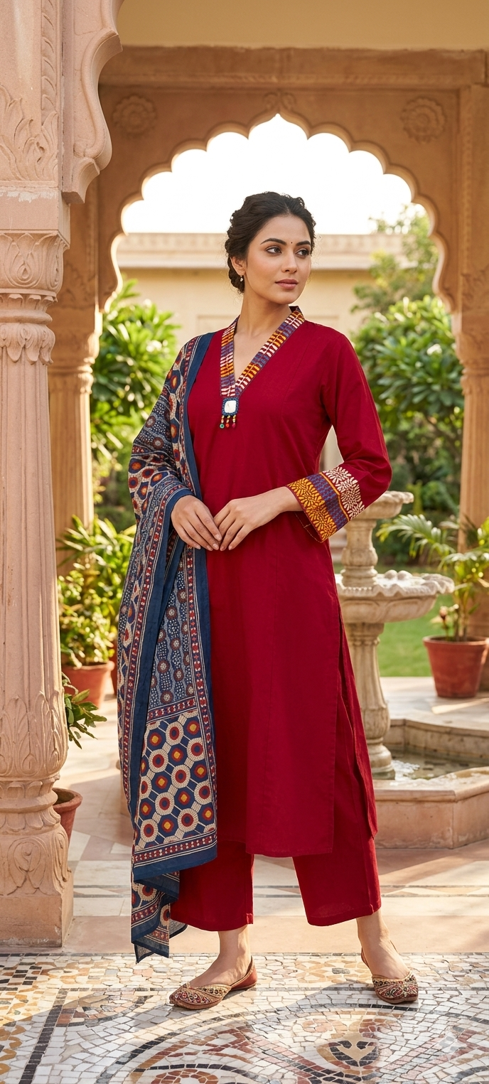 Premium Cotton Ethnic Suit Set with Ajrakh Printed Dupatta & Statement Neck Detailing 13915 RB38