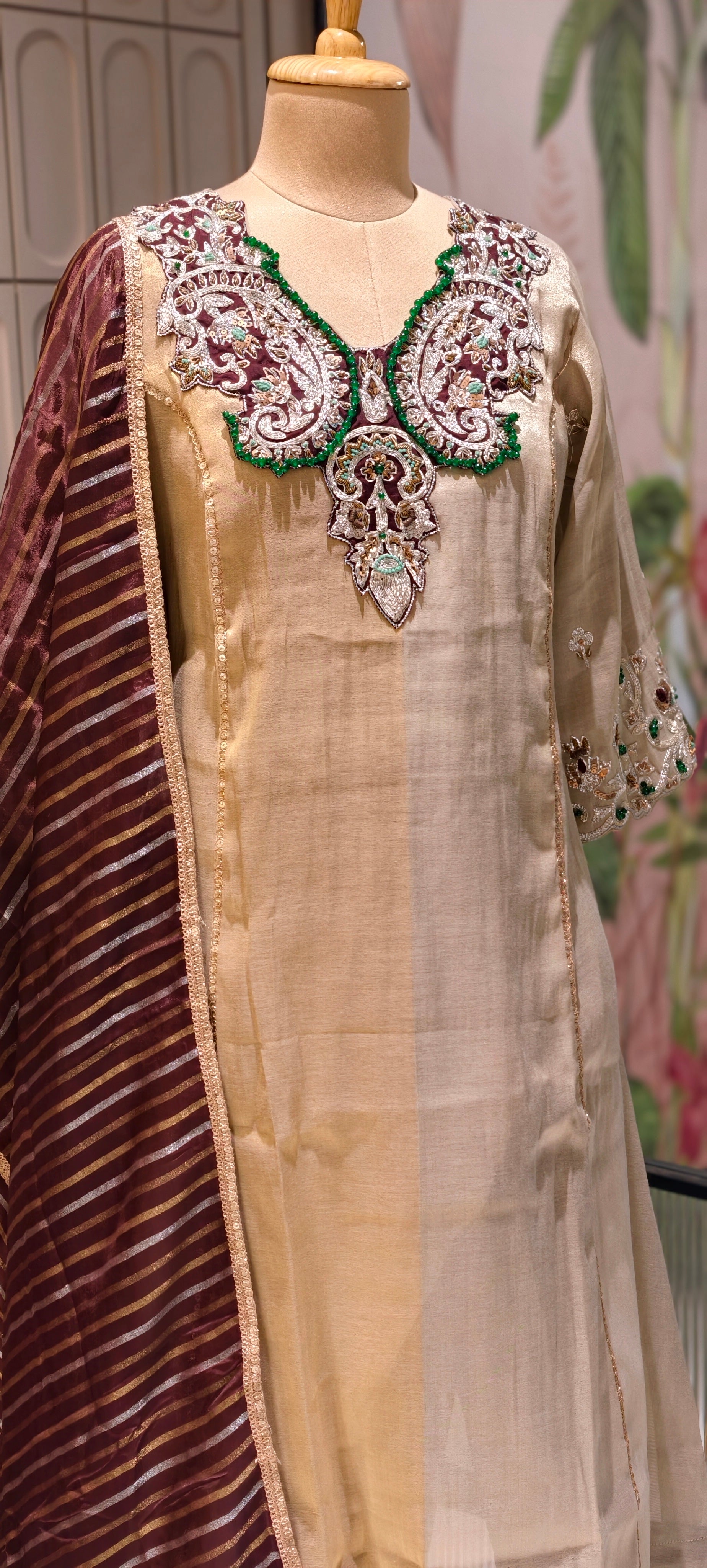 Luxury Designer Tissue Kurta Set with Hand Embellished Zari & Stone Work Neckline and Contrast Dupatta-13809