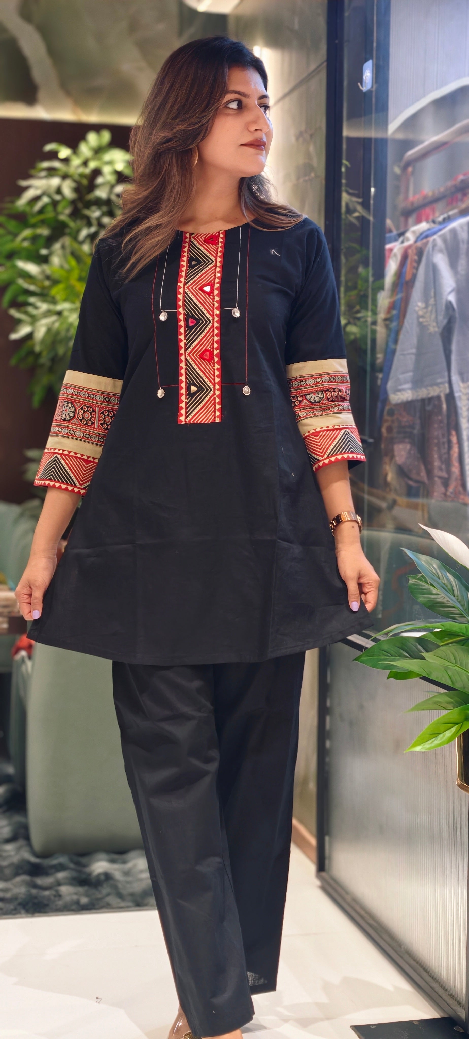 Tribal-Inspired Geometric Embroidery with Mirror Accents and Tailored Bottom-13794