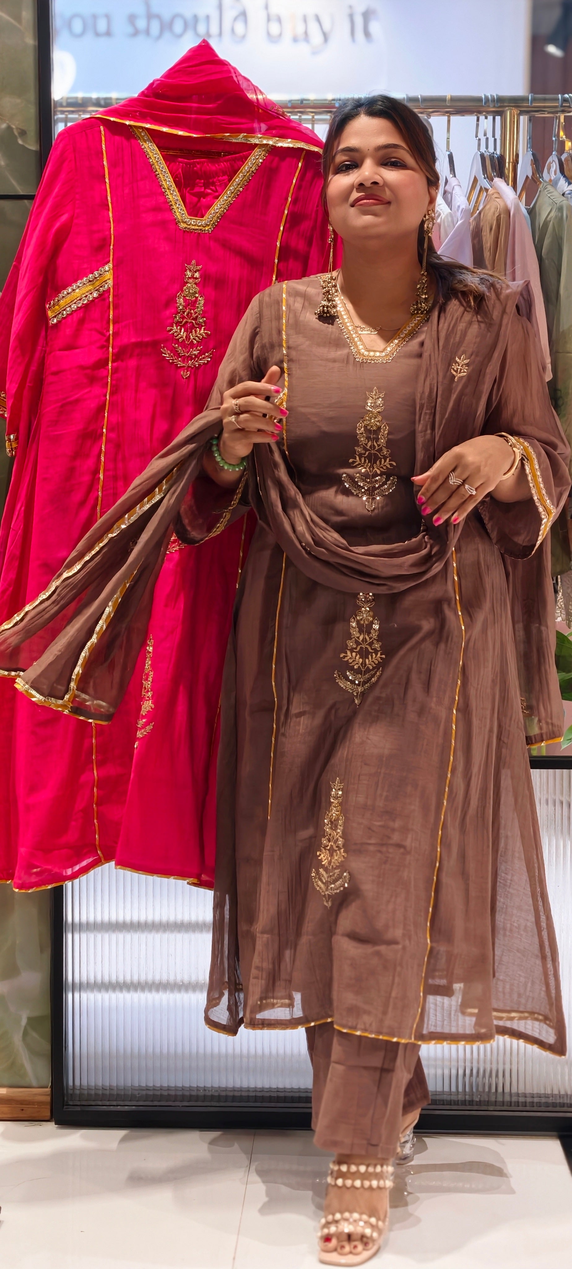 Beautiful Kundan Look Front Embroidery Highlighted A-Line Mul-Chanderi Full Suit Set With Dupatta- 15851
