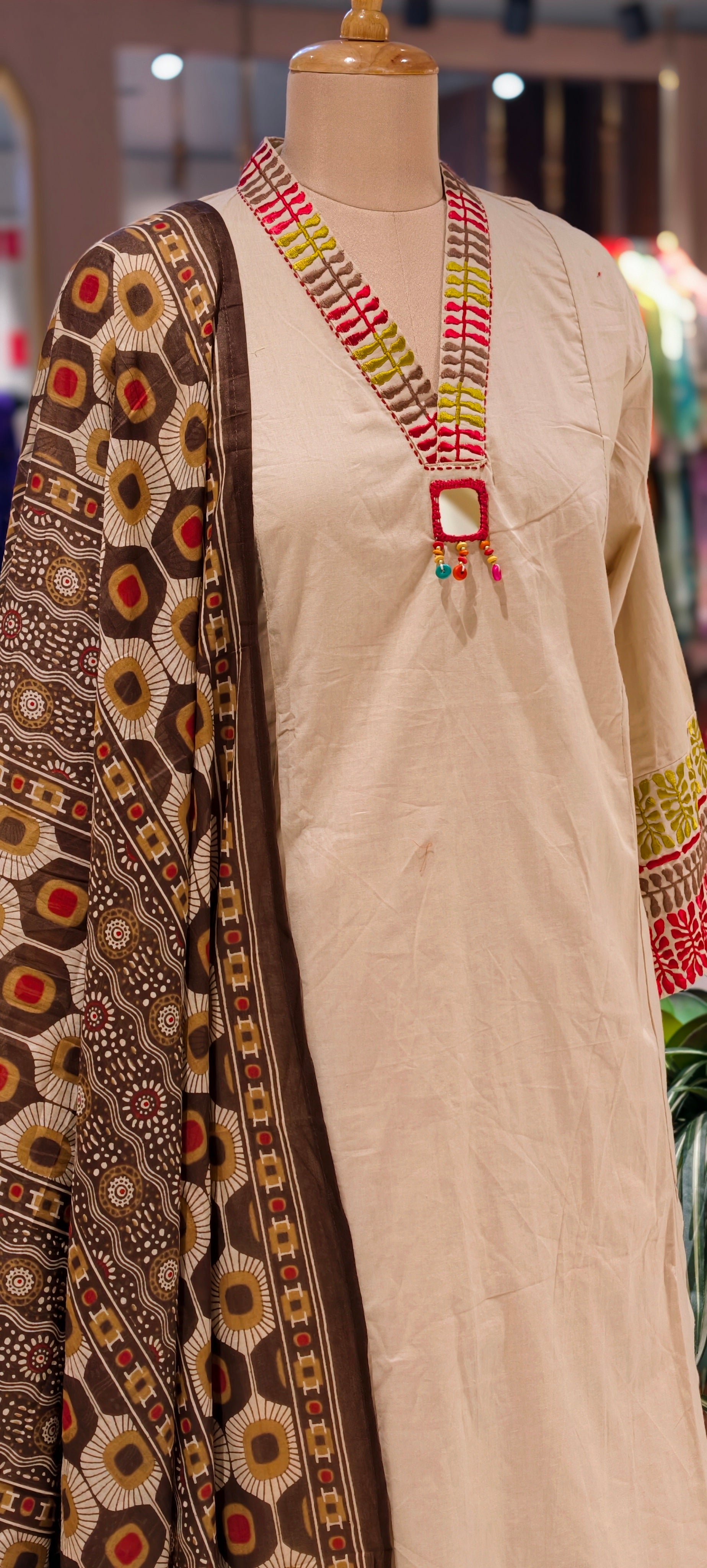 Premium Cotton Ethnic Suit Set with Ajrakh Printed Dupatta & Statement Neck Detailing 13915 RB38