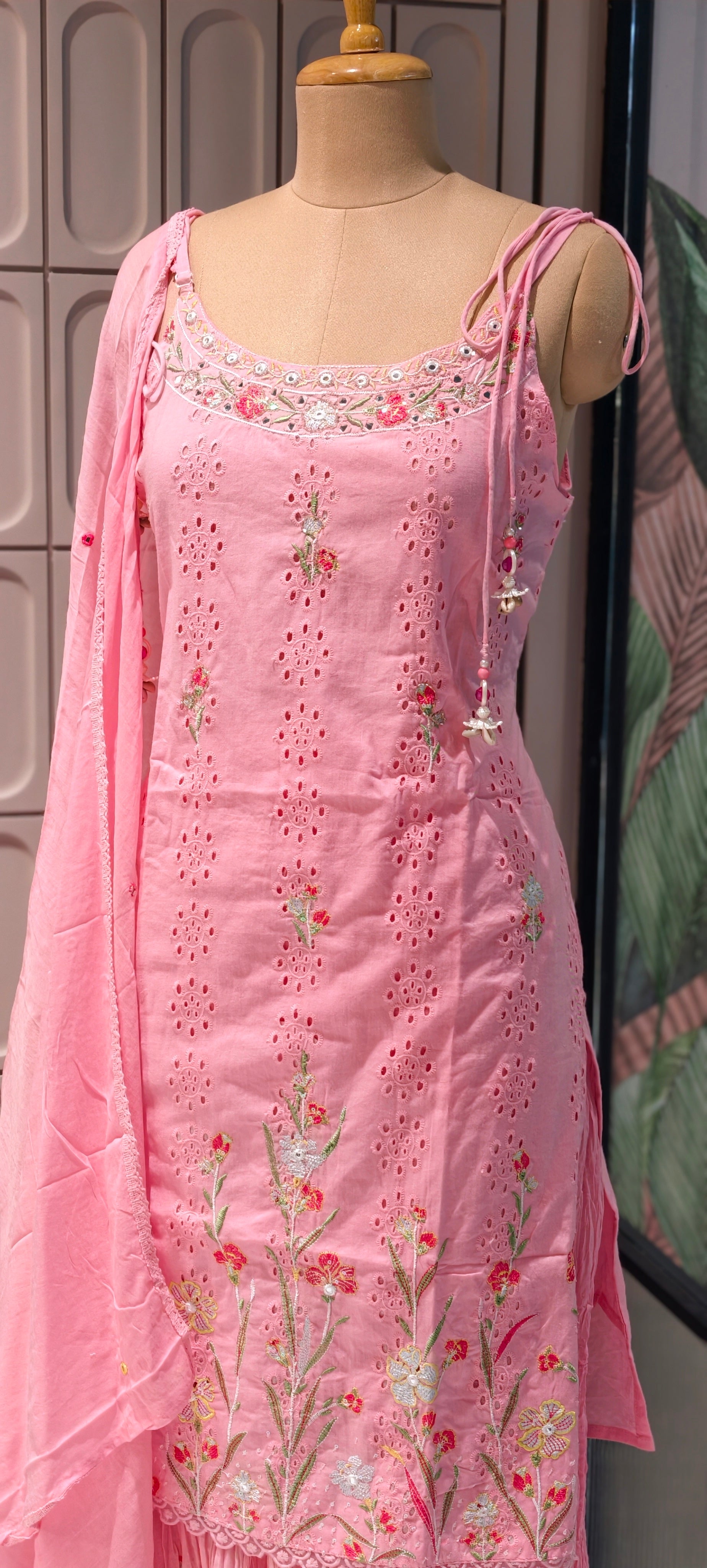 Elegant Sleeveless Noodle Strap Kurti with Skirt Set – Floral Embroidered Designer Suit 13959 RB14