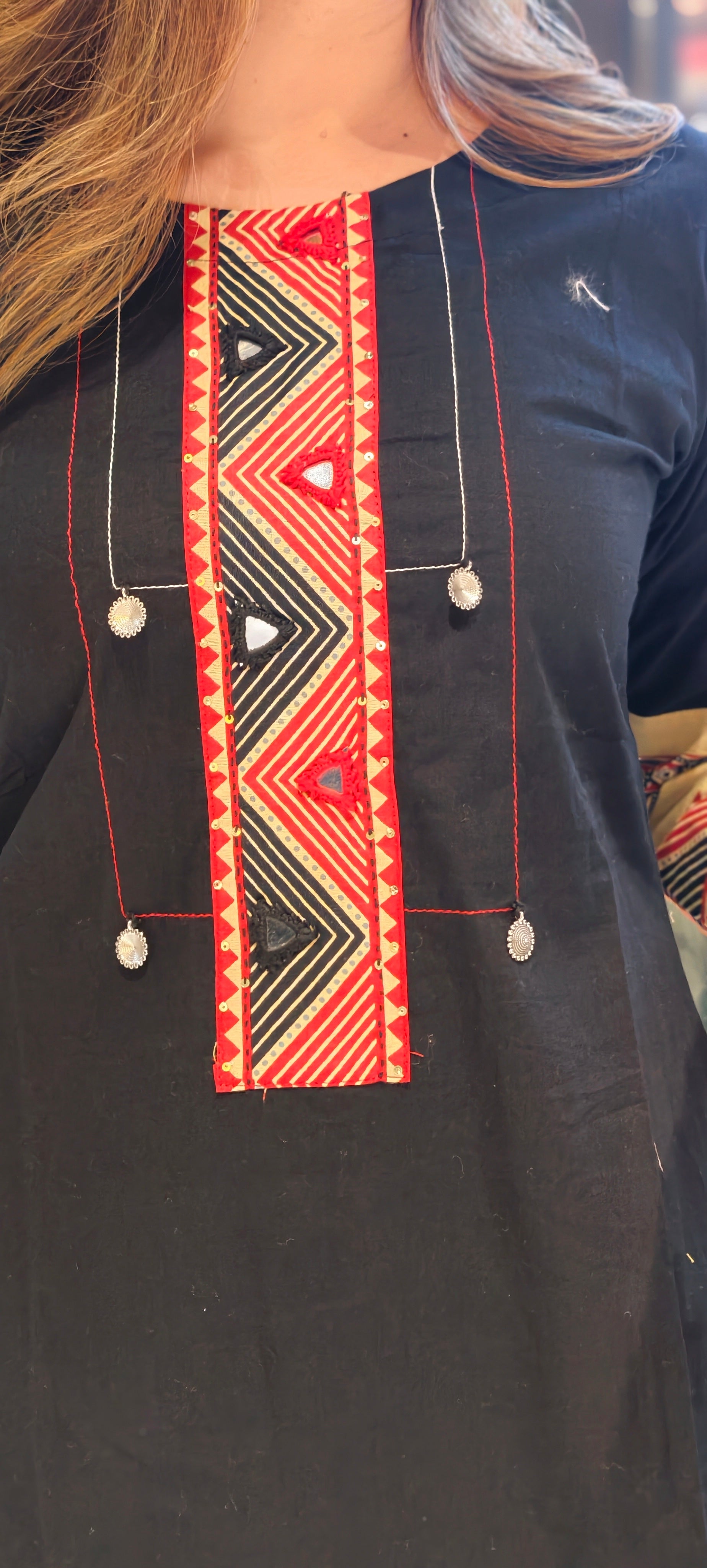 Tribal-Inspired Geometric Embroidery with Mirror Accents and Tailored Bottom-13794