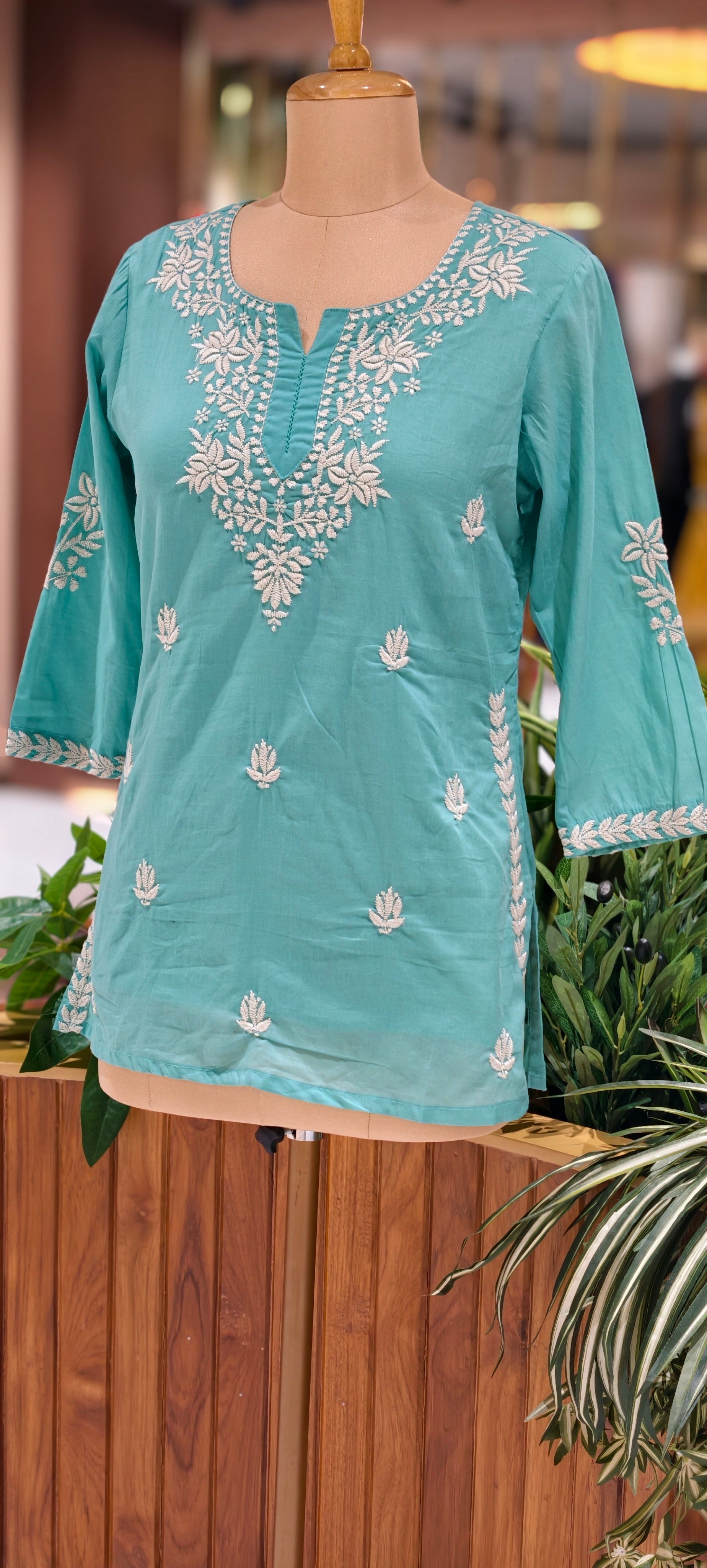 Floral Embroidered Round Neck Mul Cotton Short Kurti Top-13945 RB309