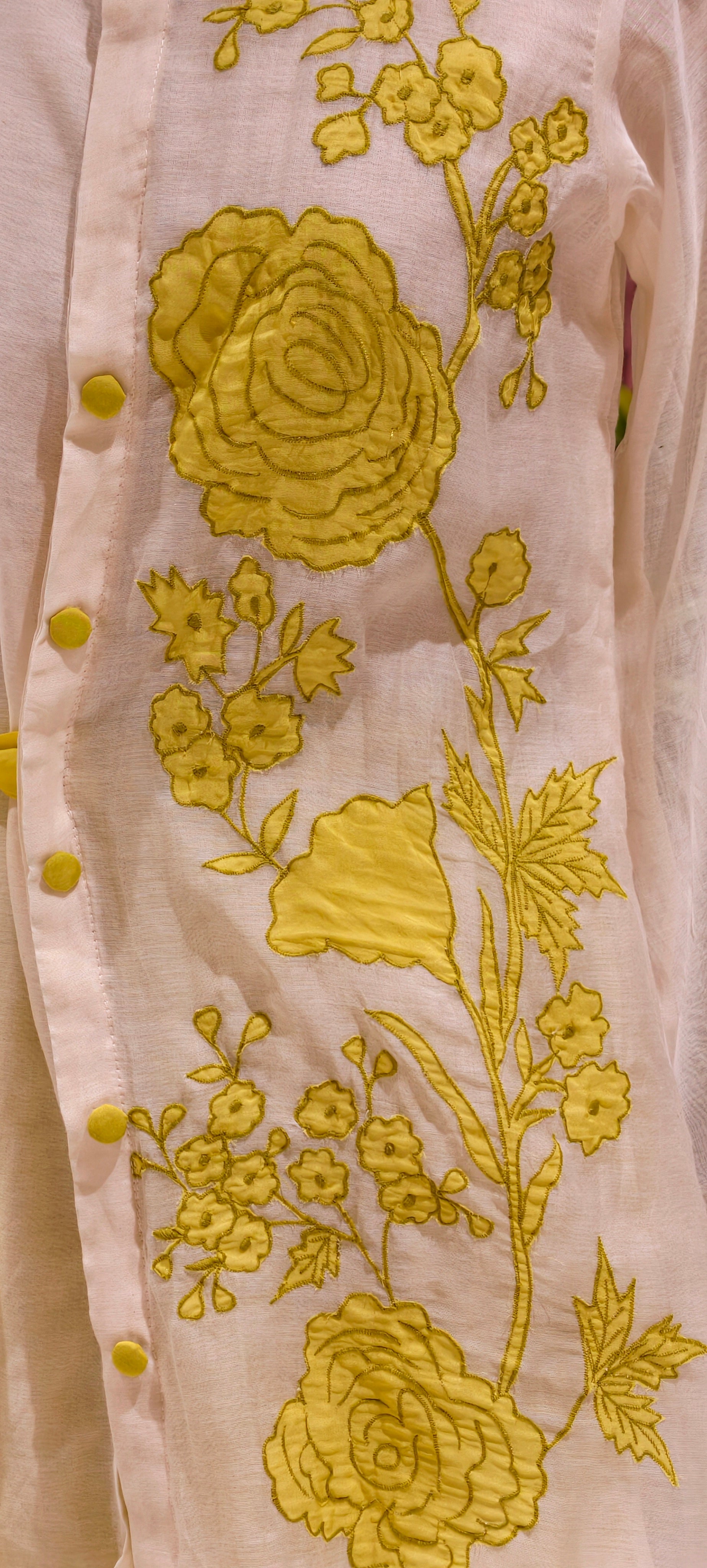 Elegant Chanderi Fabric Shirt Style Kurta Set with Yellow Floral Embroidery, Side Tie-Up Detail & Flowy Palazzo Pants-13958