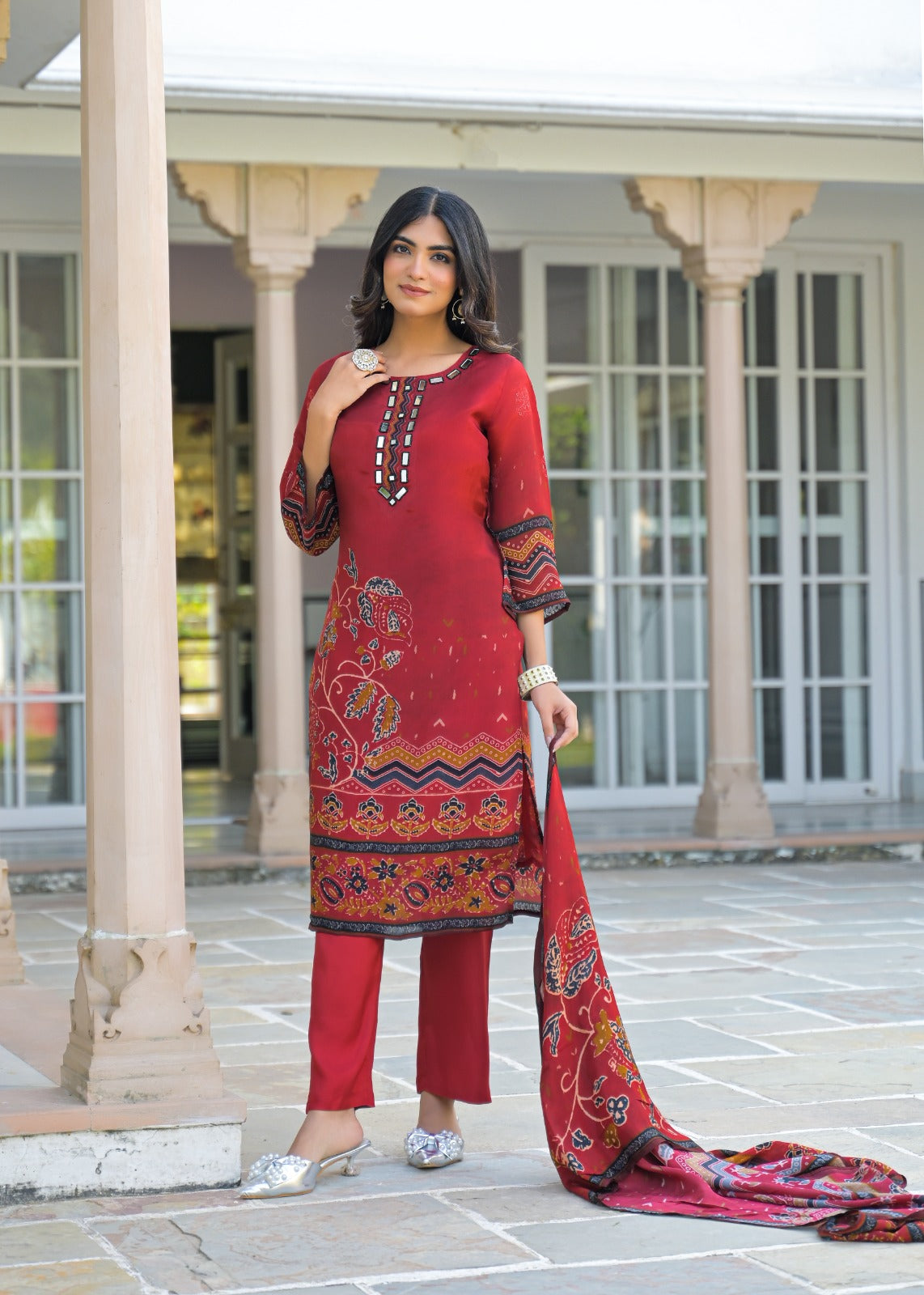 Premium Crepe Printed Suit Set With Real Mirror-Work Neckline, Designer Sleeves & Matching Dupatta-12810,12808