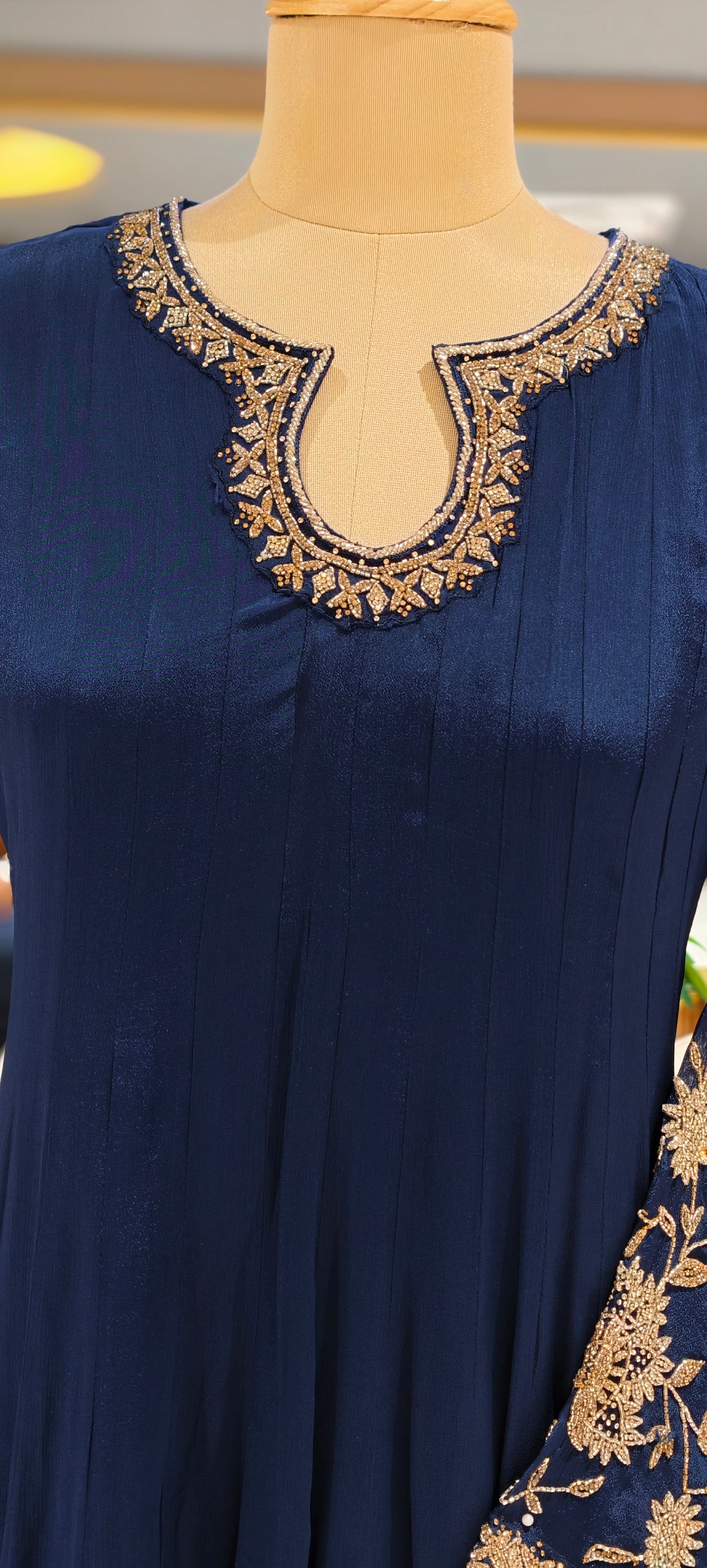 Chinon Anarkali Suit Floor Length with Heavy Golden Embroidered Dupatta, Intricate cutdana Work on Neck 16917