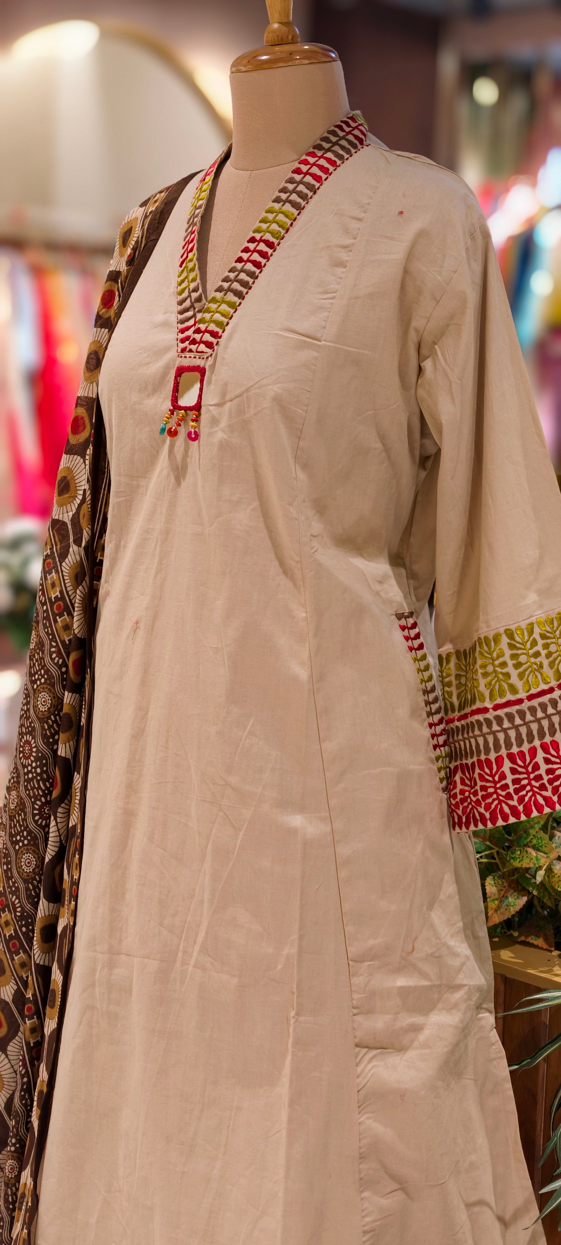 Premium Cotton Ethnic Suit Set with Ajrakh Printed Dupatta & Statement Neck Detailing 13915 RB38