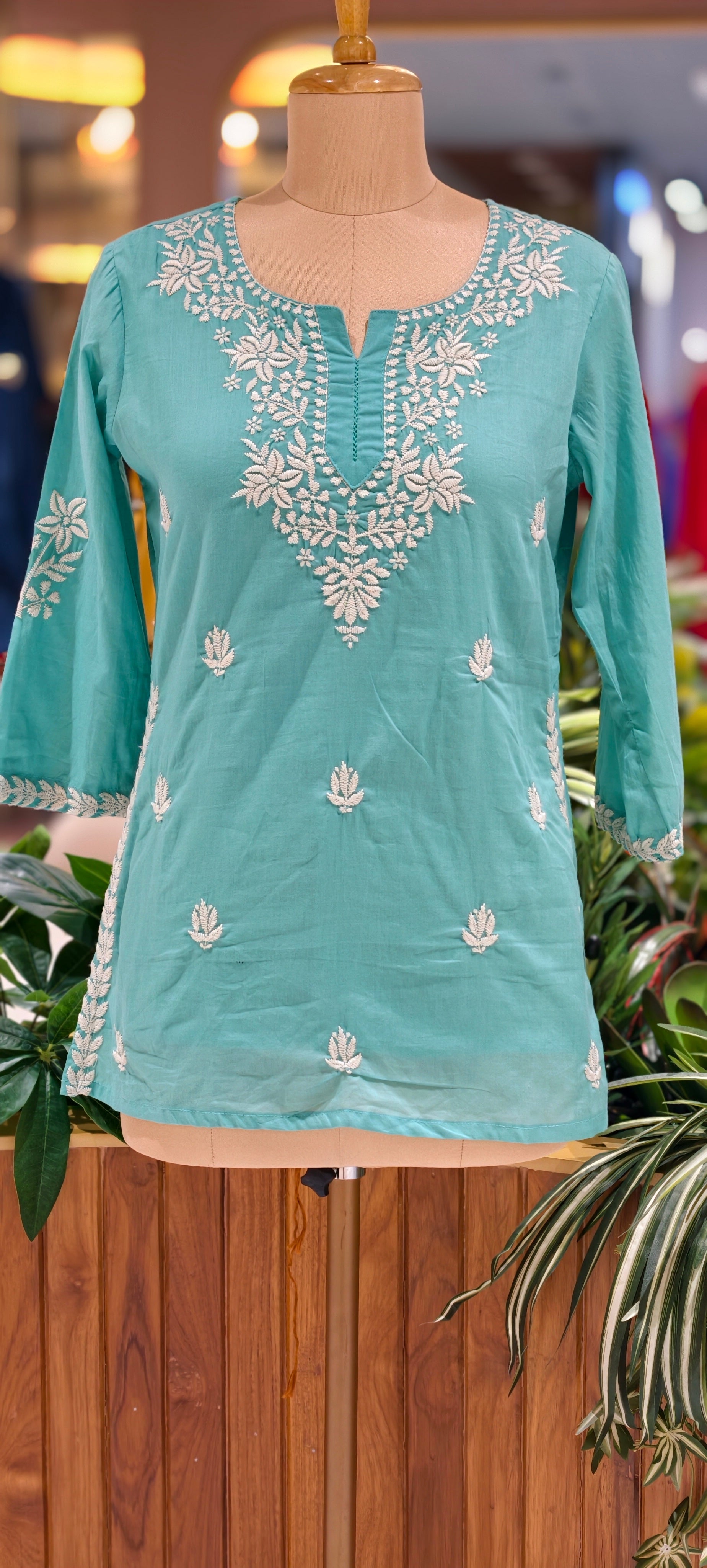 Floral Embroidered Round Neck Mul Cotton Short Kurti Top-13945 RB309