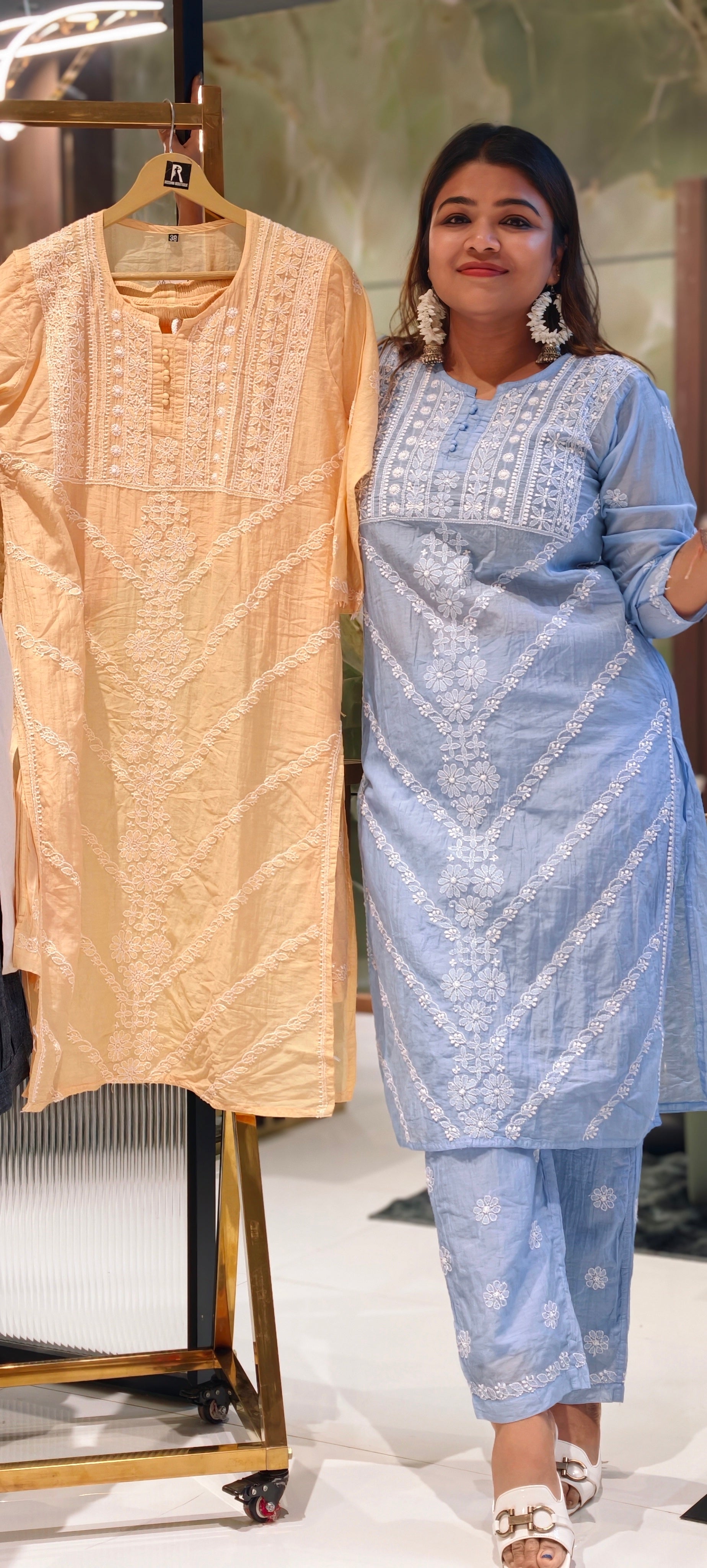 Mul Chanderi Lucknowi Style Embroidered Kurta Pant Set-13952