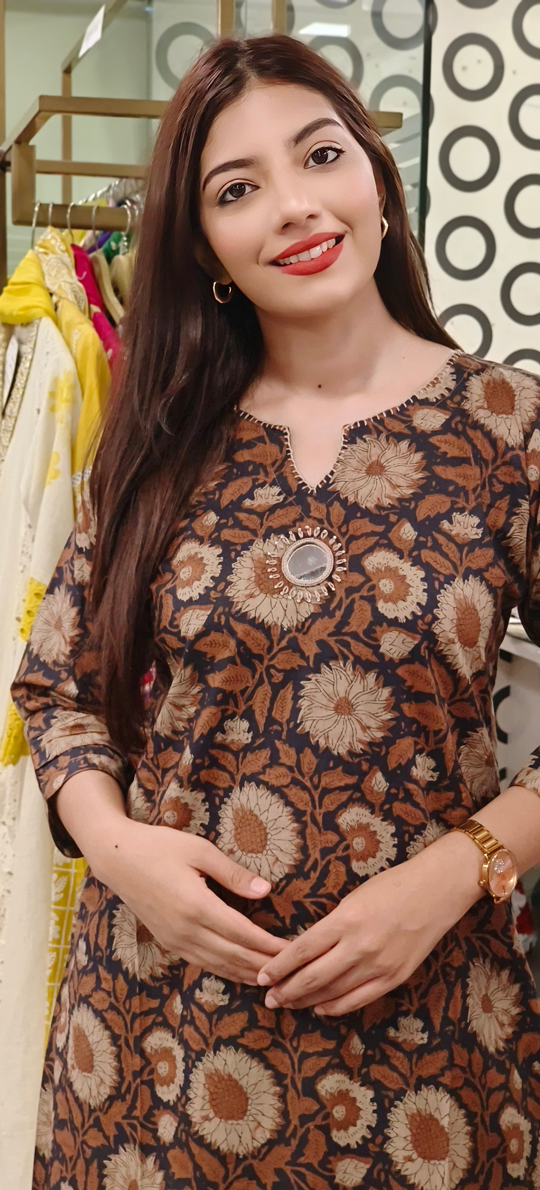 Flower Printed Aline Cotton With Mirror Emblishment Only Kurti With Pockets-09171,09172