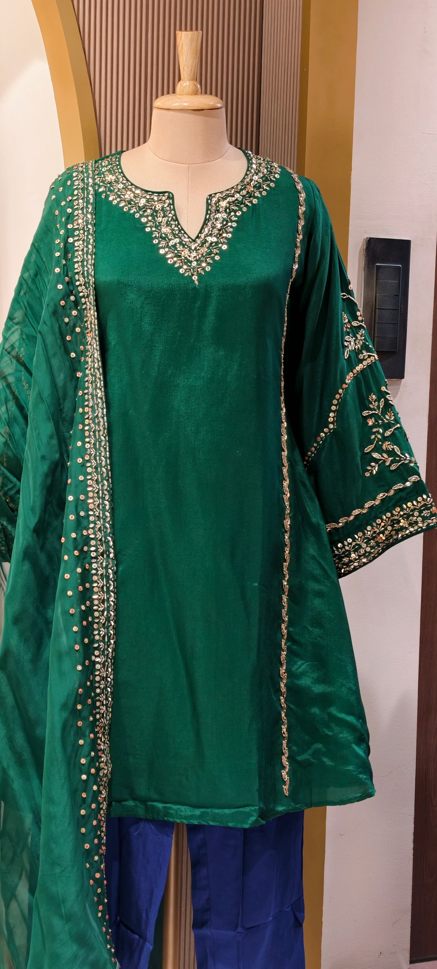 Tiny Sequin Detailing Hand Worked Contrast Mix Vibrant A-Line Full Suit Set With Dupatta In Russian Silk Fabric- 13808