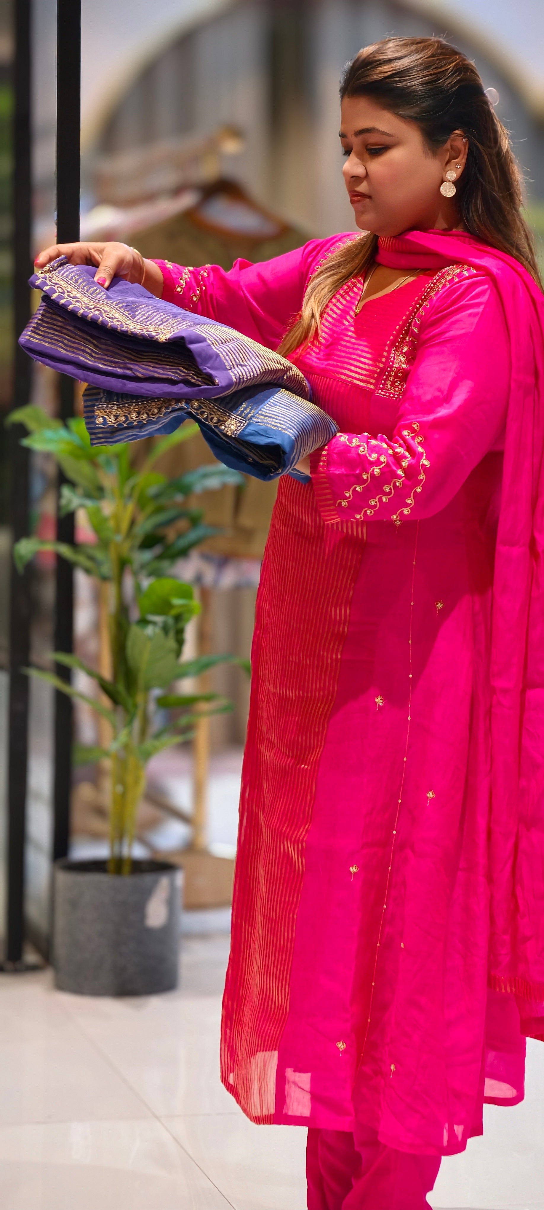 Banarasi Mul Chanderi Golden Striped Zardosi Embroidered A-Line Full Suit Set With Matching Dupatta- 15803