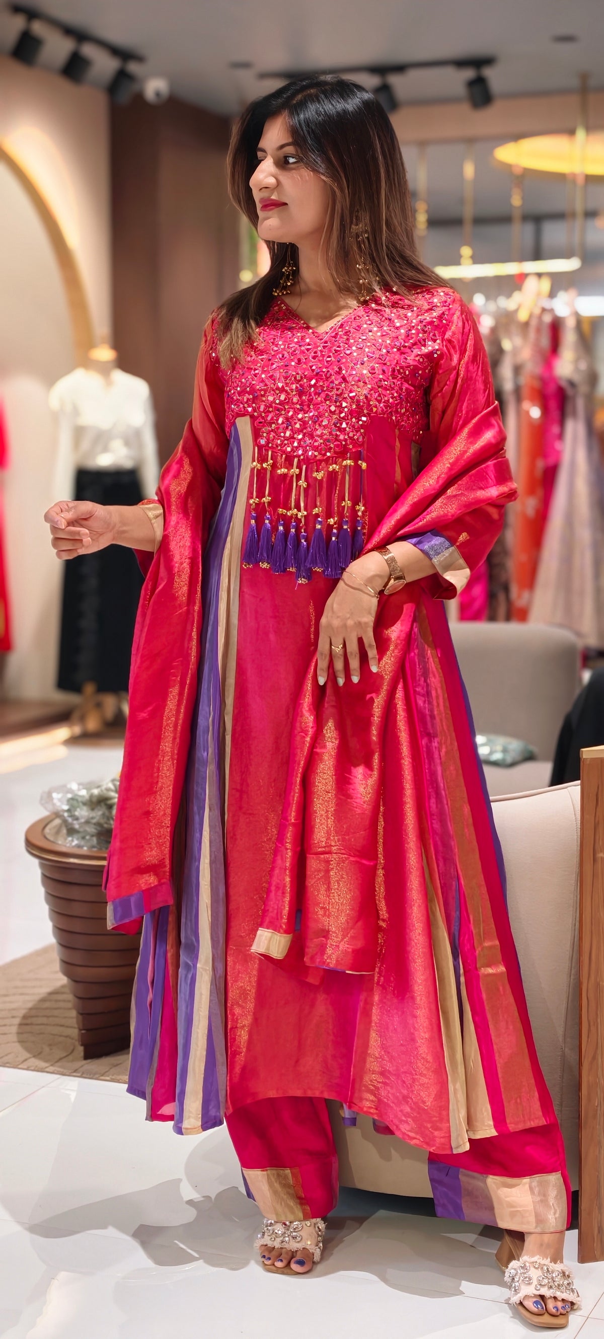 Orange Tissue Mirror Work Panel Anarkali Full Suit Set with Ghungroo Tassel Yoke Detailing & Striped Side Panels- 16231