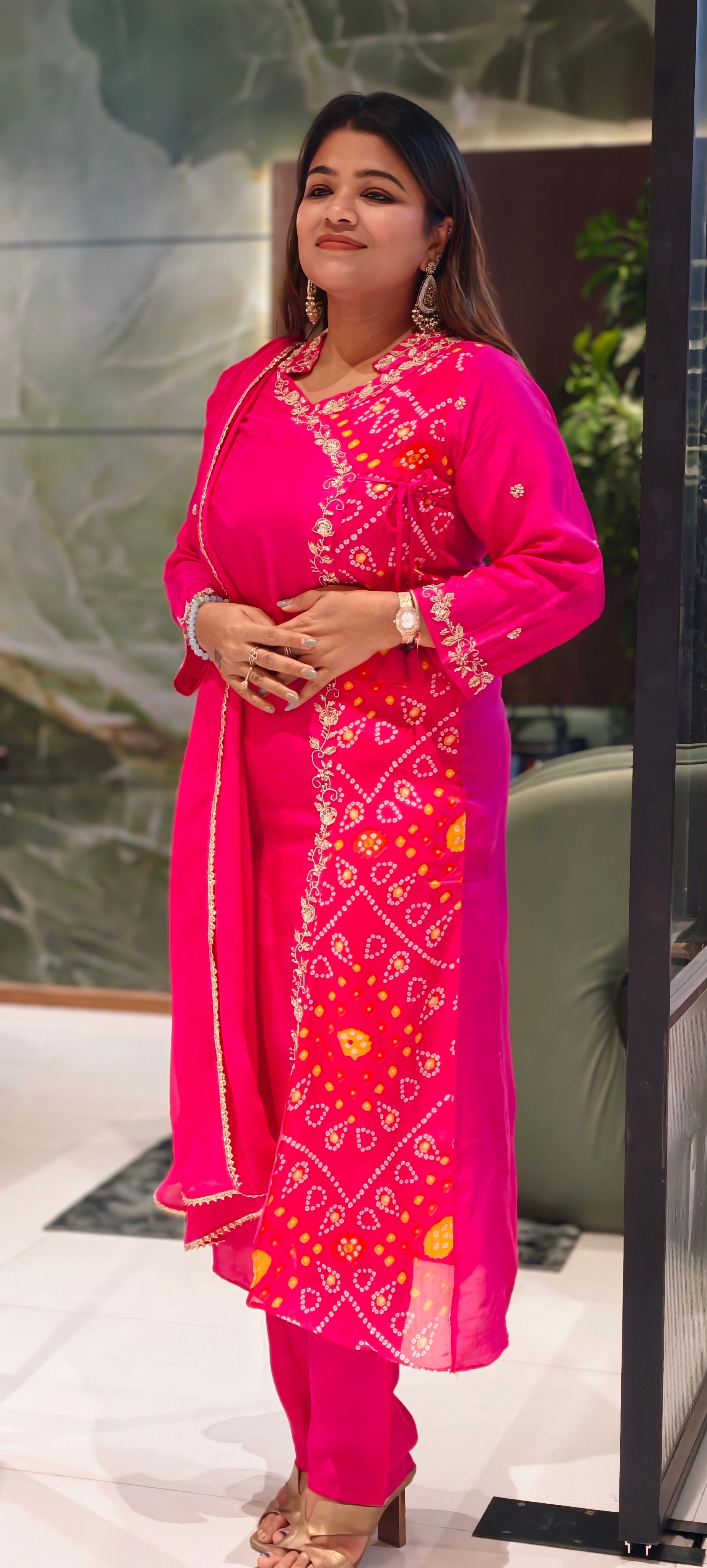 Dola Silk Rani Pink Ethnic Suit Set With Floral Embroidered Neckline Bhandhani Print Angrakha Pattern Full Suit Set 13854